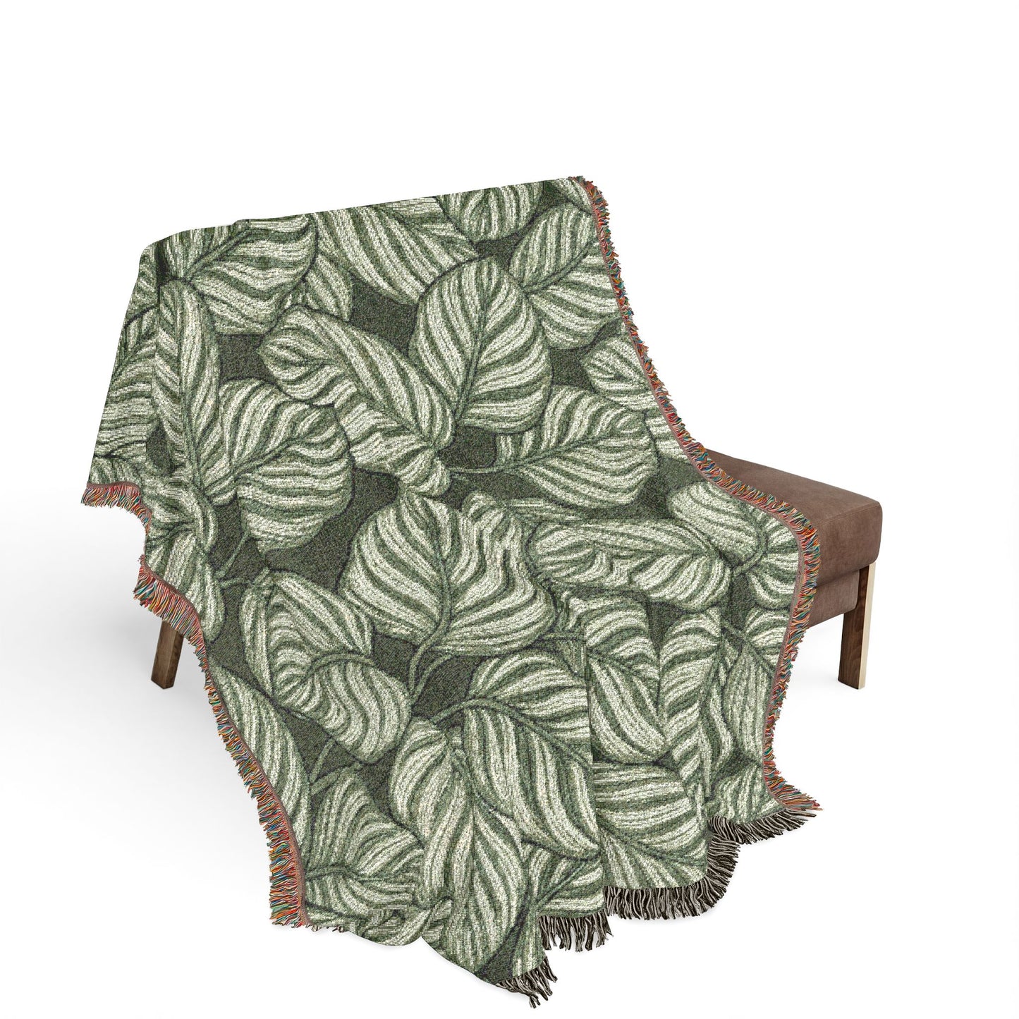 Green Leaf Calathea Orbifolia Pattern Woven Blanket | Botanical Throw, Fringe Edge