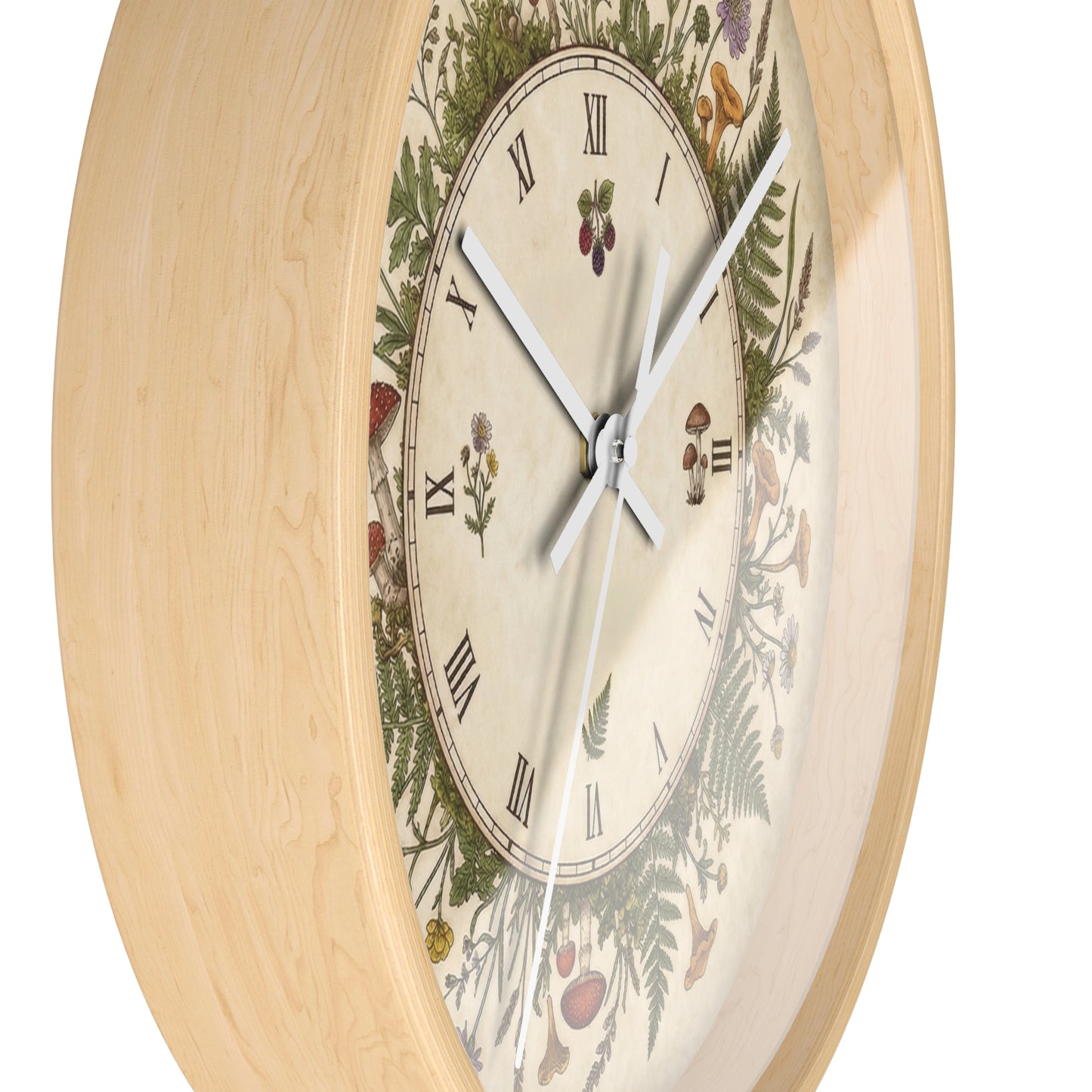 Vintage Botanical Wreath Wall Clock | Floral Ferns, Mushrooms, Roman Numerals