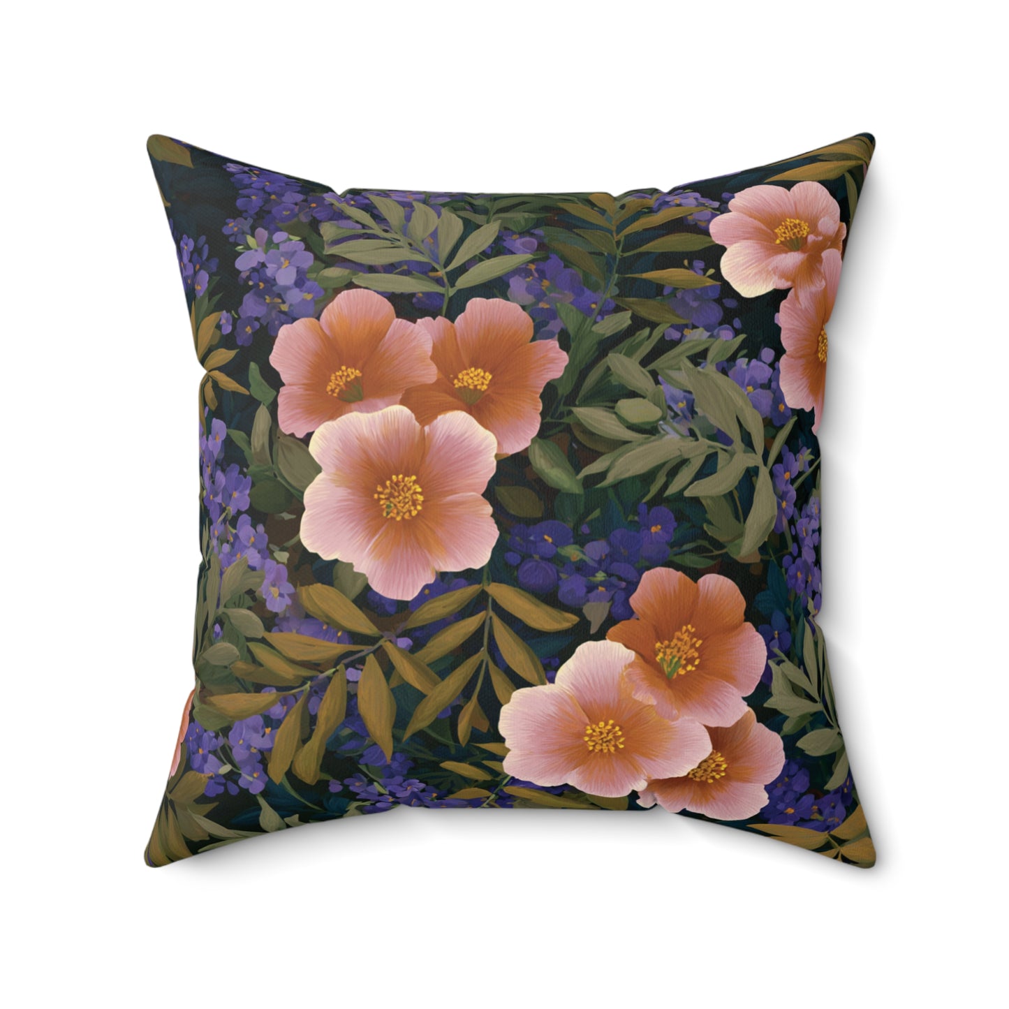 Peach Wildflower Pattern Pillow | Floral Botanical Throw Pillow, Dark Navy Background