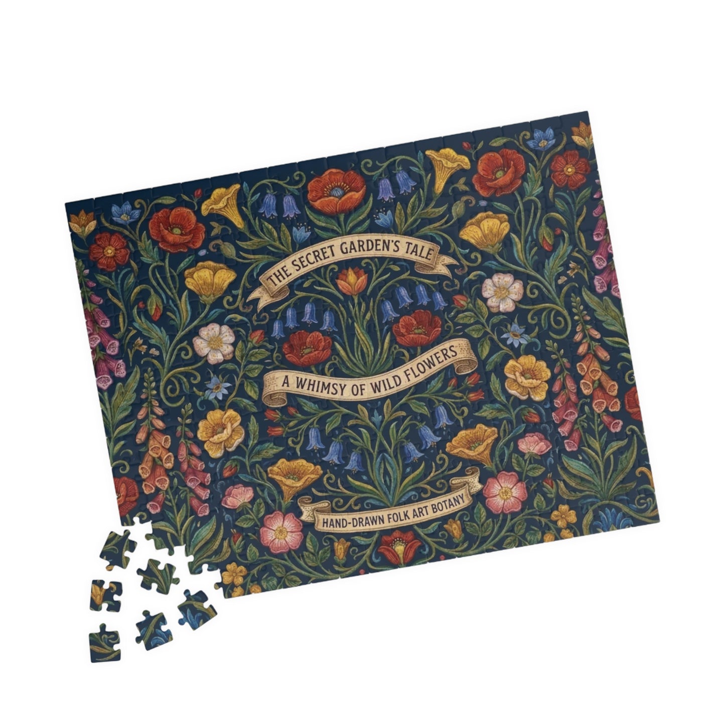 The Secret Garden Tale floral illustration Puzzle | wildflower folk art 110, 252, 520, or 1014 piece jigsaw