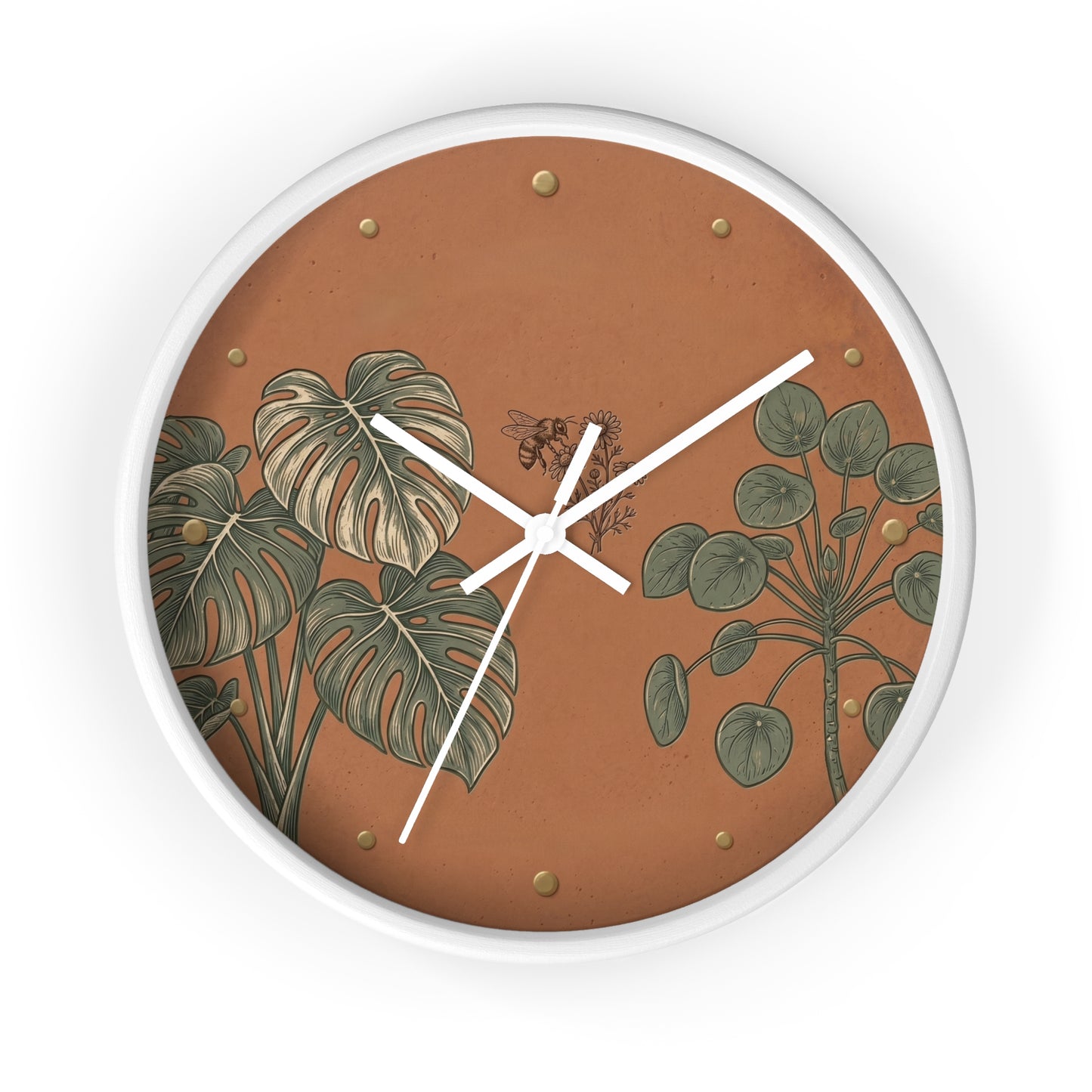 Monstera & Pilea Illustration Wall Clock | Terracotta Botanical Clock