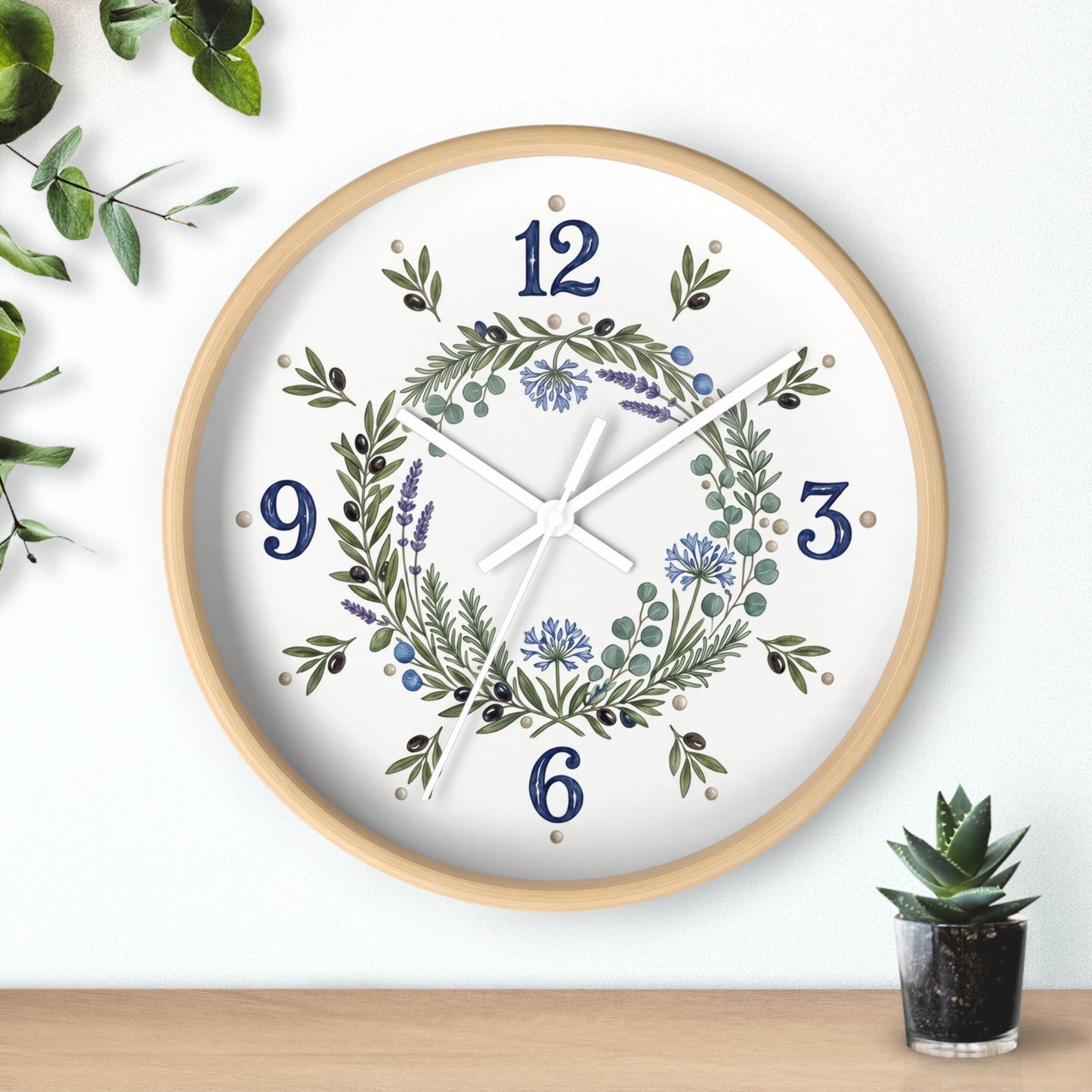 Botanical Wreath Wall Clock | Floral Laurel Timepiece, Blue Numbers