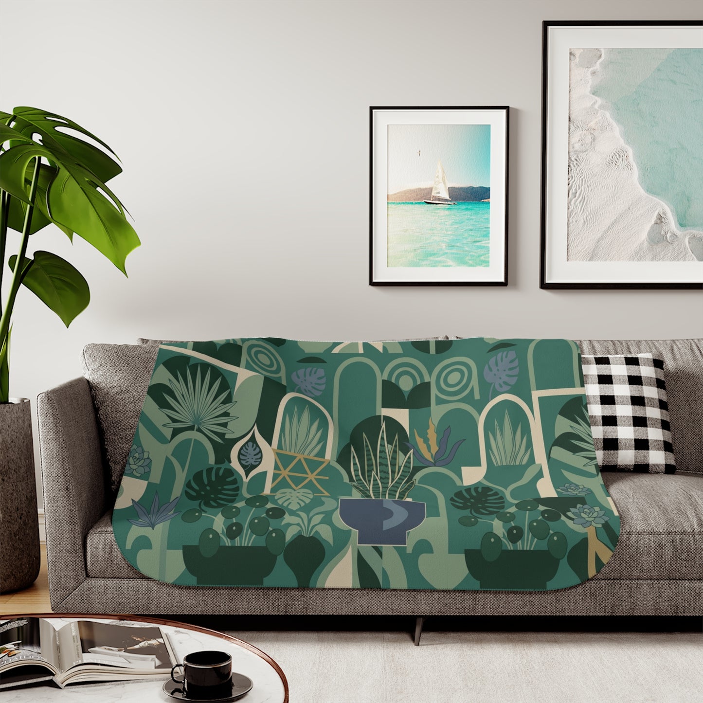 Indoor Plant Pattern Sherpa Blanket | Green Botanical Houseplant Design