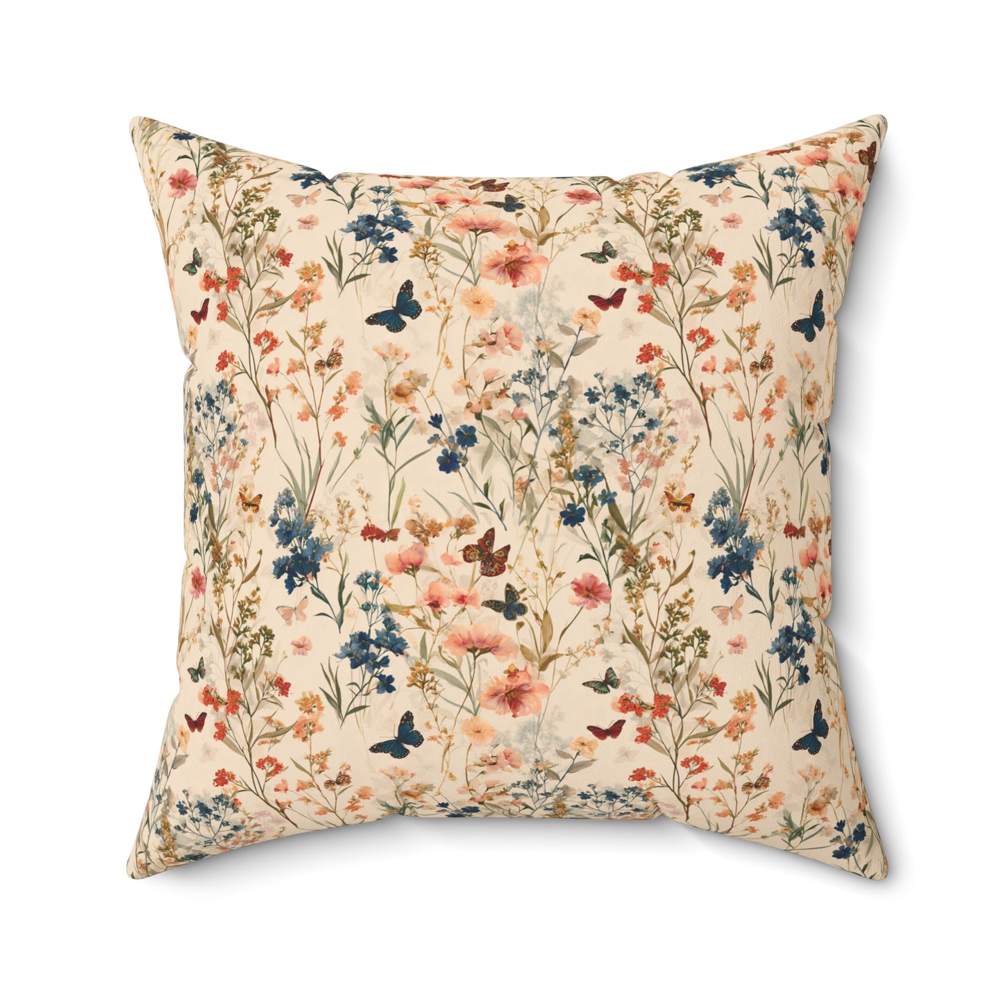 Vintage Wildflower and Butterfly Spun Polyester Square Pillow | Floral Throw Cushion