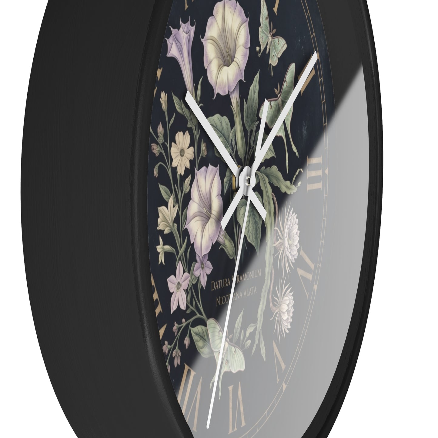 Datura Stramonium Illustration  Wall Clock | Vintage Botanical Floral, Roman Numerals, Dark Background