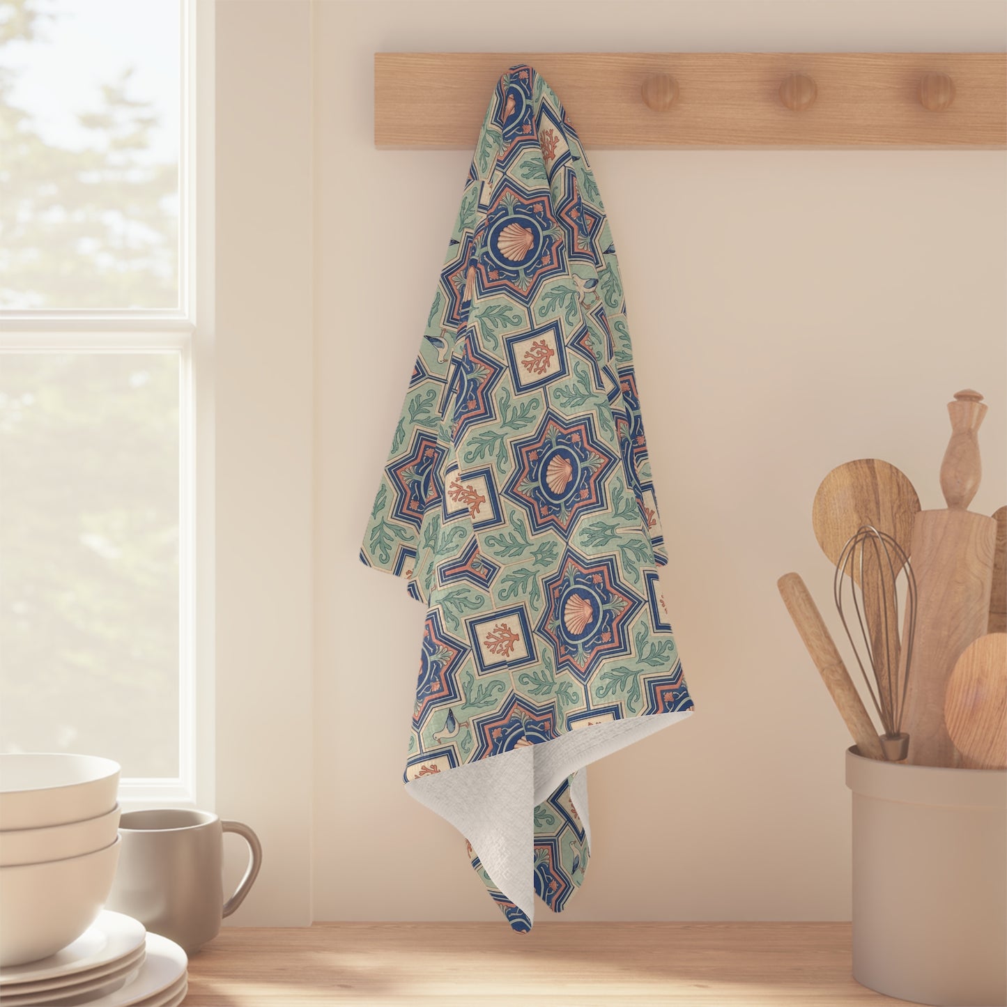 Geometric Moroccan Tile Tea Towel | Blue Green Patterned Kitchen Linen