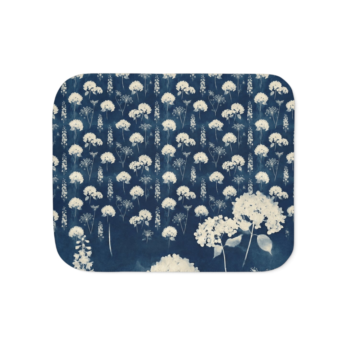 White Queen Anne's Lace Pattern Sherpa Blanket | Indigo Floral Print