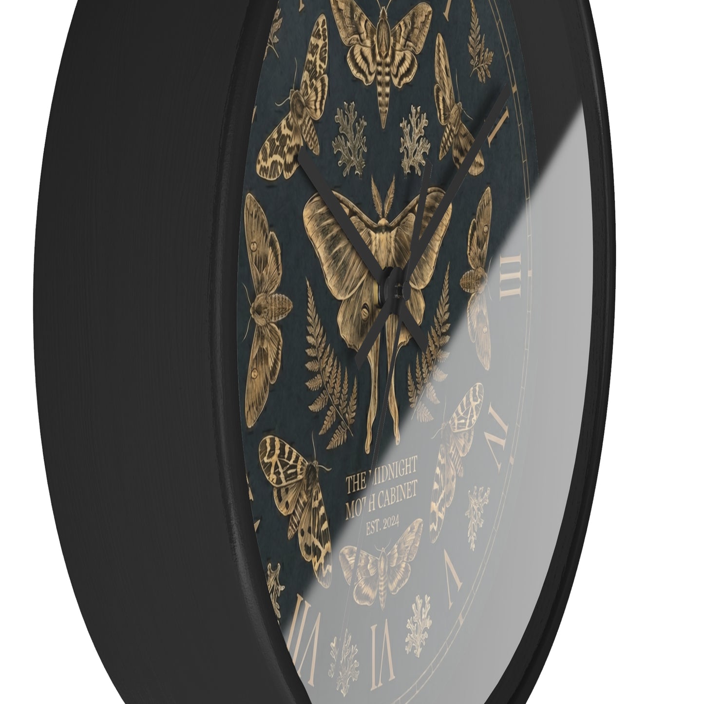 Midnight Moth Illustration Wall Clock | Vintage Moth Pattern, Roman Numerals