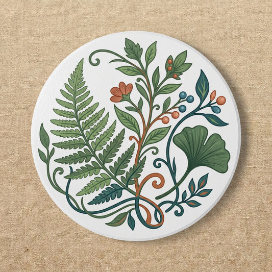 Botanical Fern and Ginkgo Illustration Ceramic Coaster | Floral Drink Coaster
