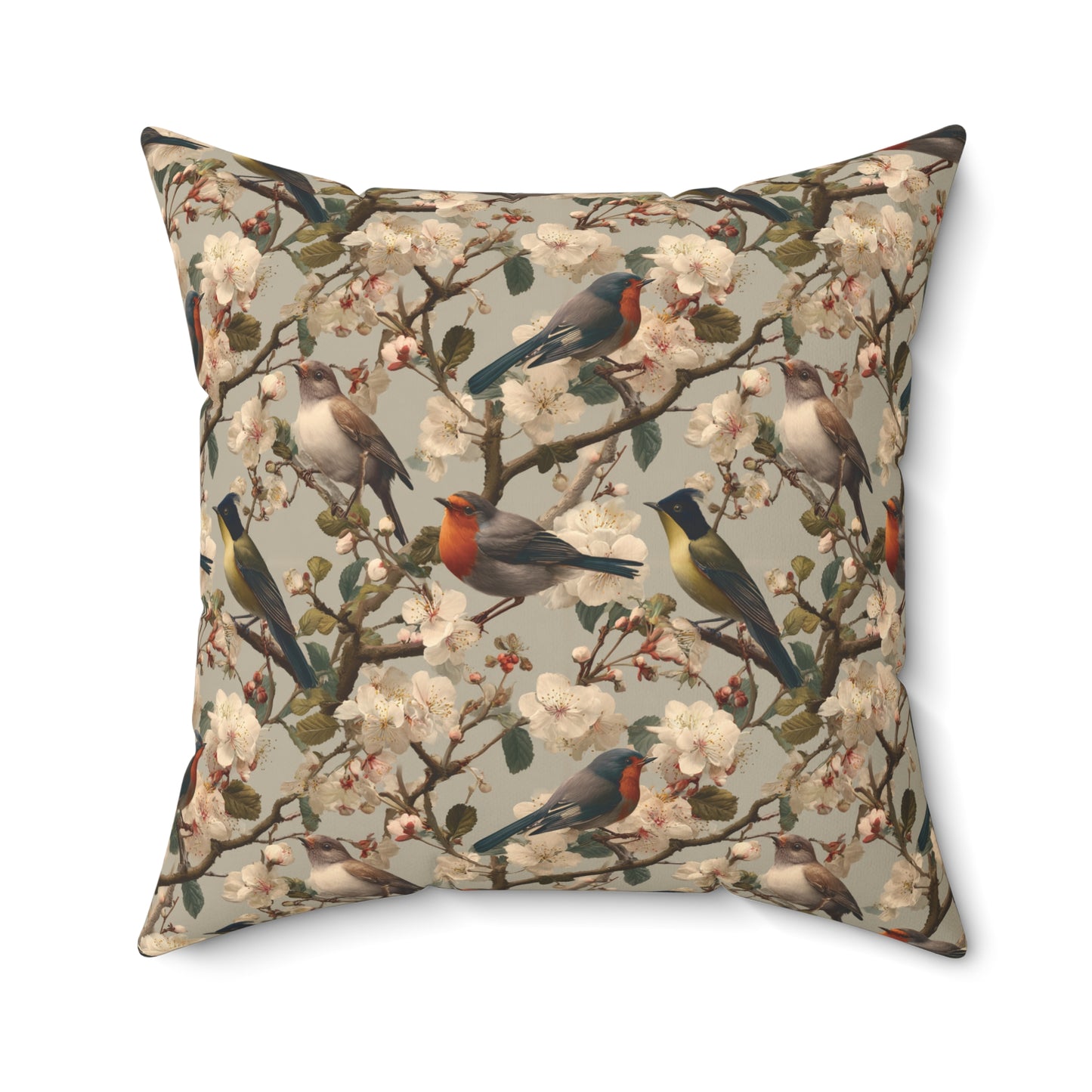 Vintage Floral Songbirds Pillow | Botanical Bird Pattern Square Pillow
