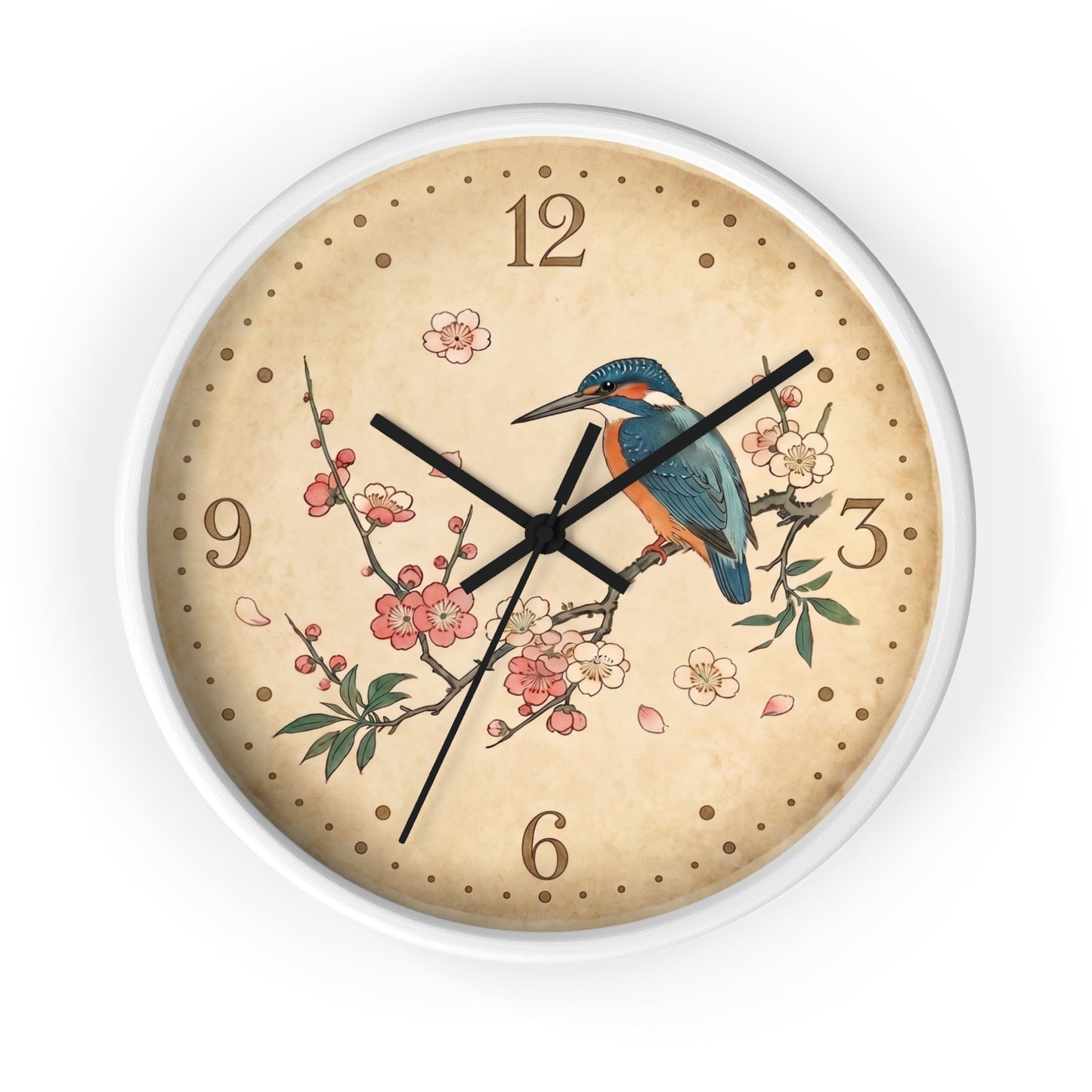 Kingfisher on Cherry Blossom Wall Clock | Kacho-ga Vintage Japanese Bird Floral Clock