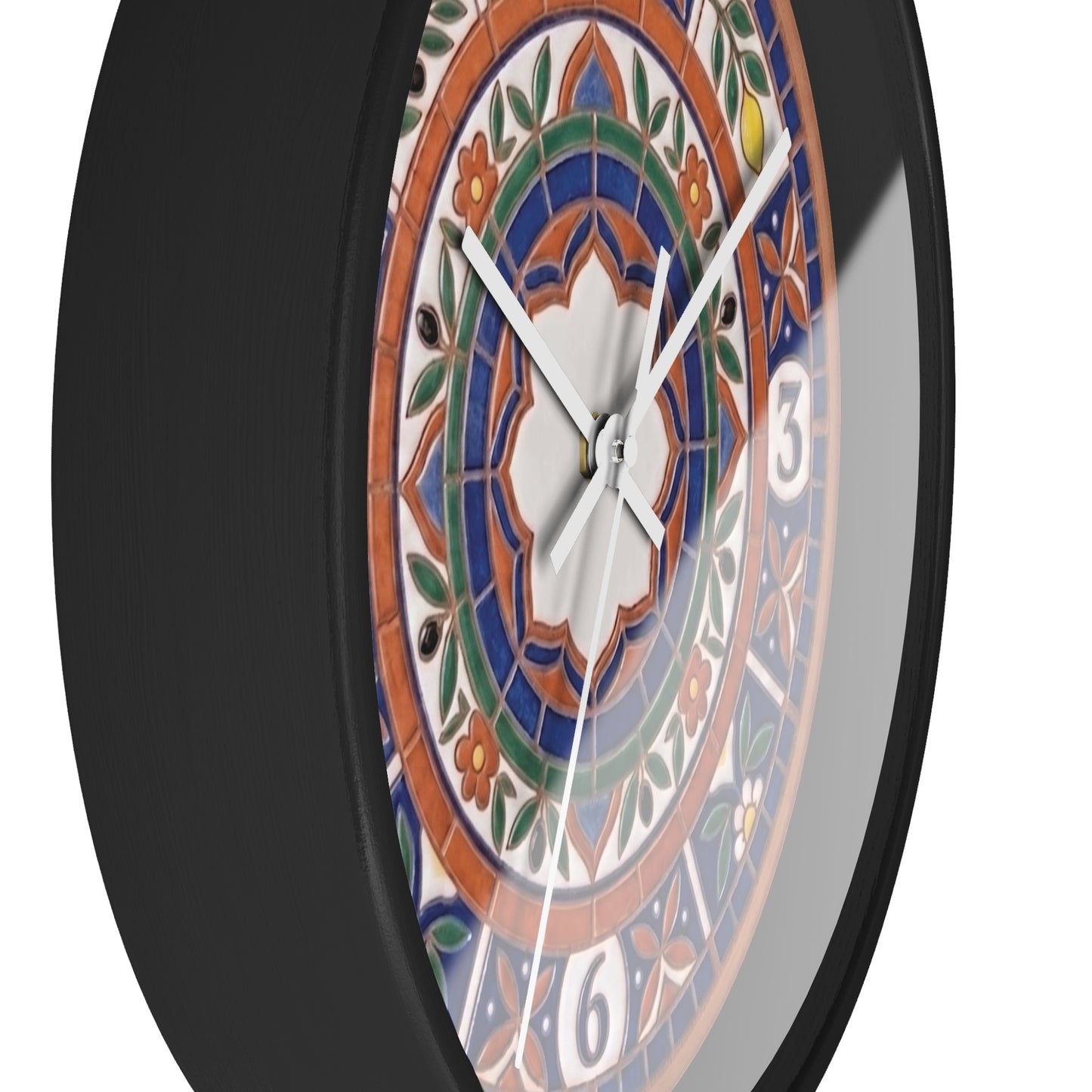 Mediterranean Mosaic Style Wall Clock - Terracotta Azure Blue Floral Faux Tile Botanical Decor