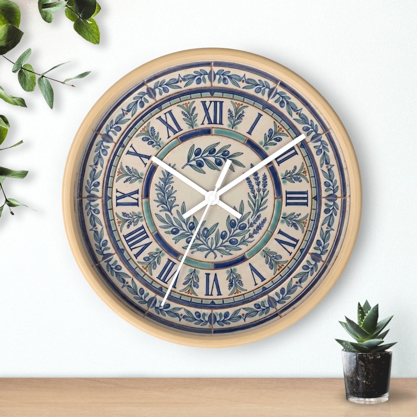 Blue Olive Wreath Wall Clock | Roman Numerals, Ceramic Tile Style