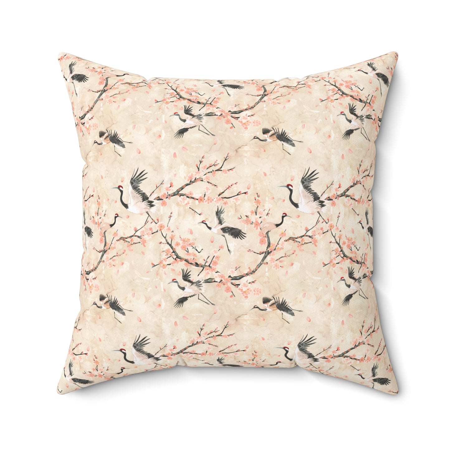 Cherry Blossom Crane Pillow | Floral Japanese Stork Pattern Square Pillow