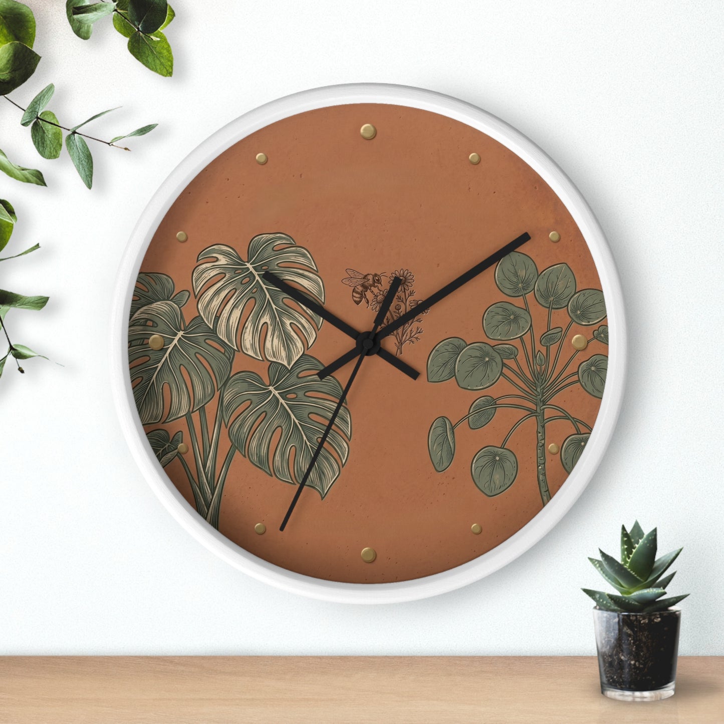 Monstera & Pilea Illustration Wall Clock | Terracotta Botanical Clock
