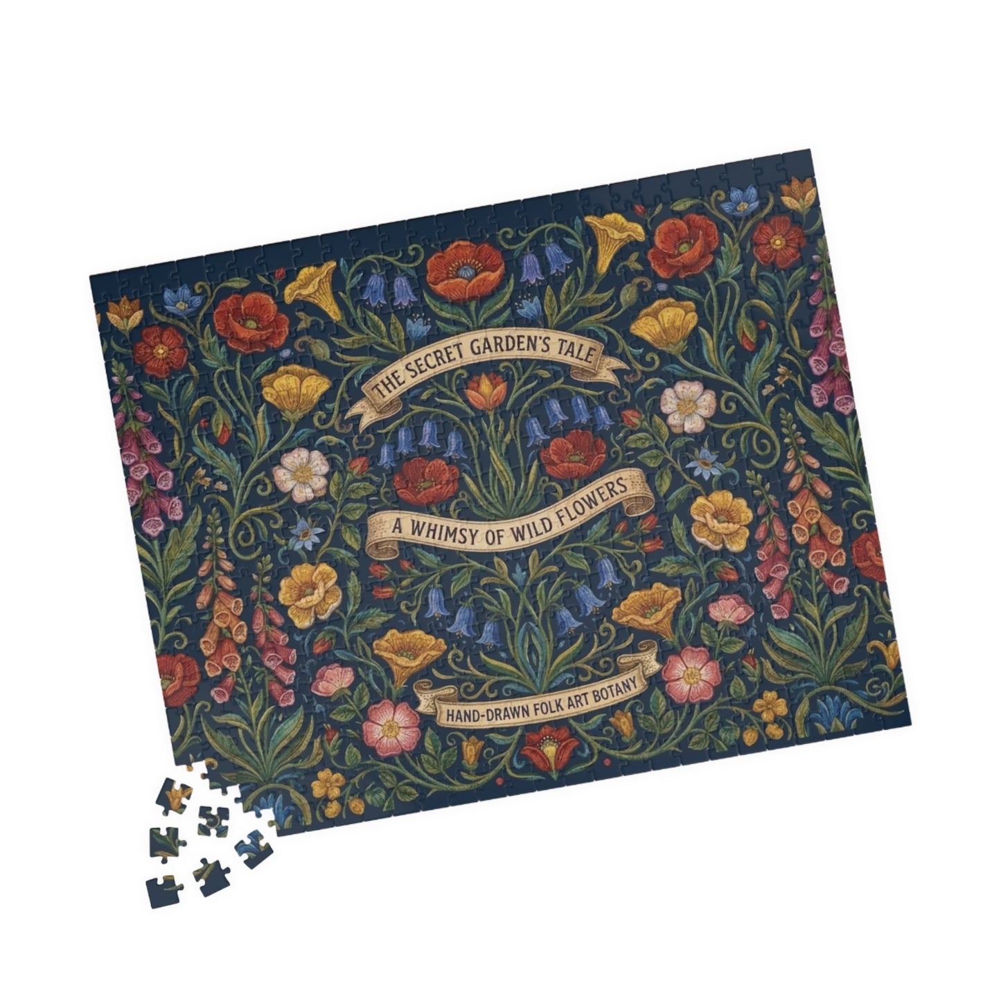 The Secret Garden Tale floral illustration Puzzle | wildflower folk art 110, 252, 520, or 1014 piece jigsaw