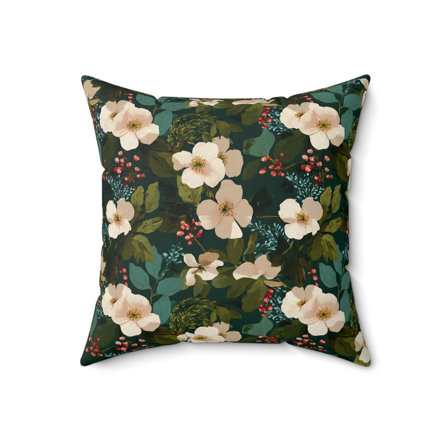 Cream Floral Pattern Pillow | Dark Green Botanical Throw Pillow