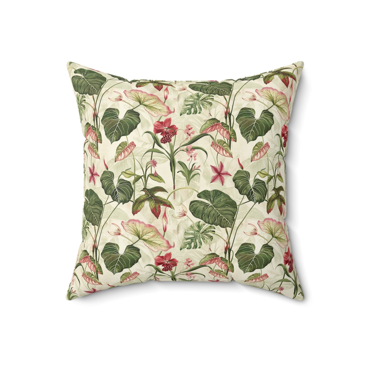 Vintage Botanical Floral Pattern Pillow | Tropical Leaves, Pink Flowers