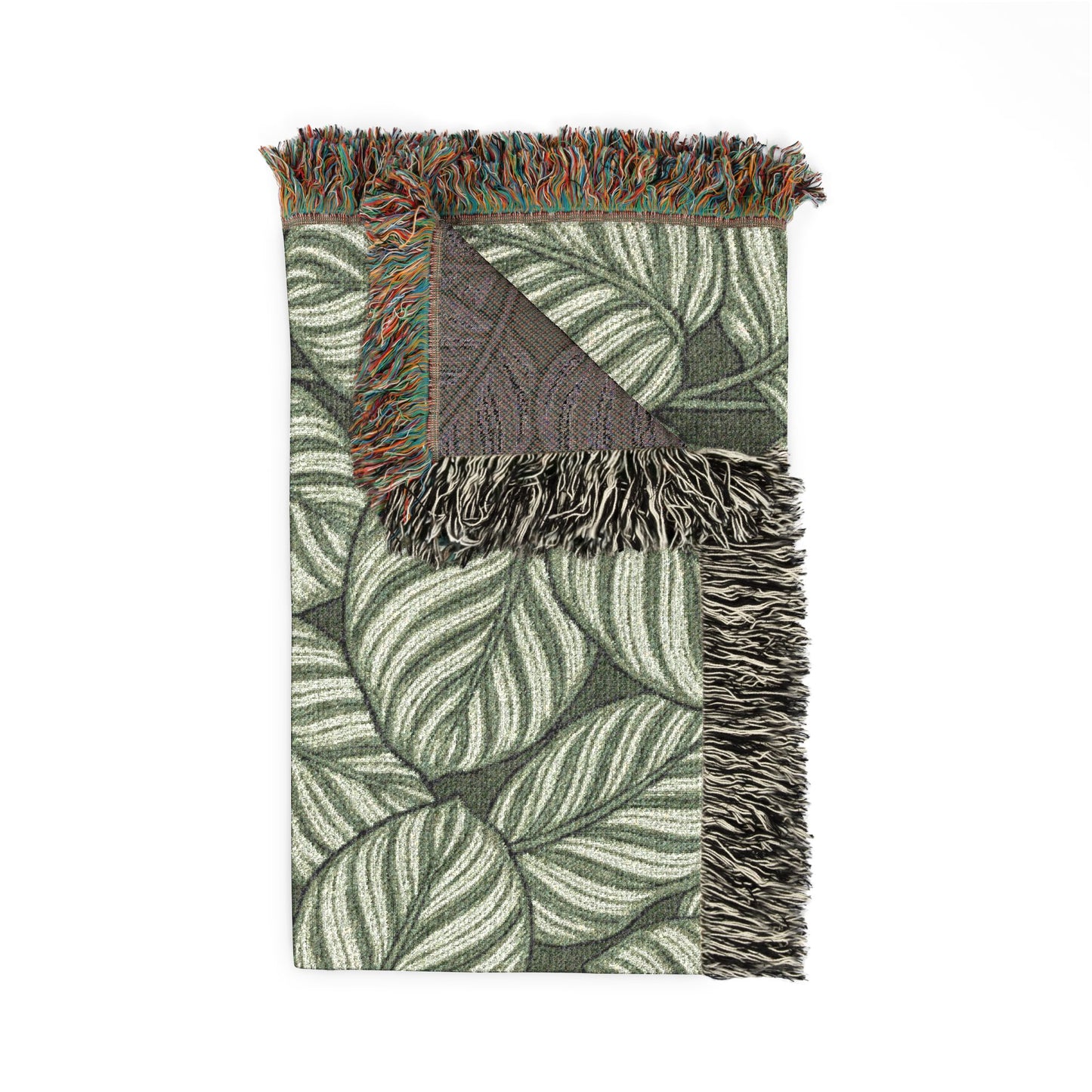 Green Leaf Calathea Orbifolia Pattern Woven Blanket | Botanical Throw, Fringe Edge