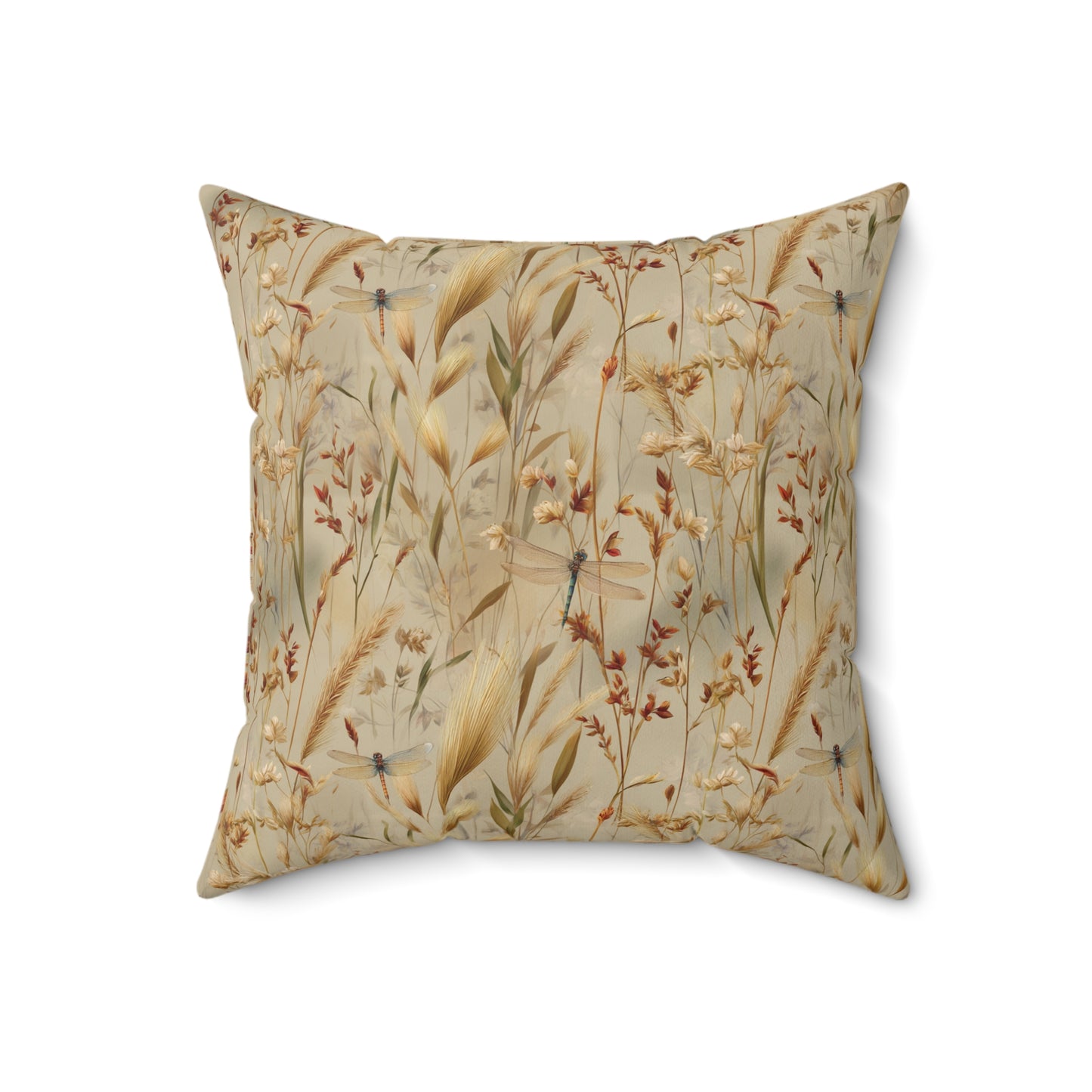 Neutral Botanical Print Pillow | Dried Wildflower Dragonfly Pattern, Square Throw Pillow