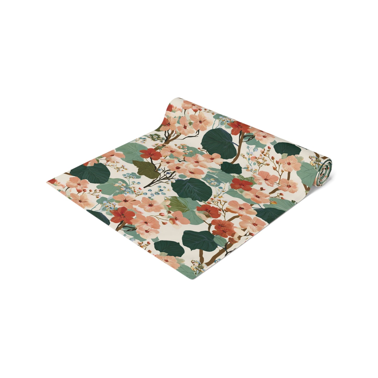 Vintage Floral Pattern Table Runner | Green Peach Cotton-Poly Blend