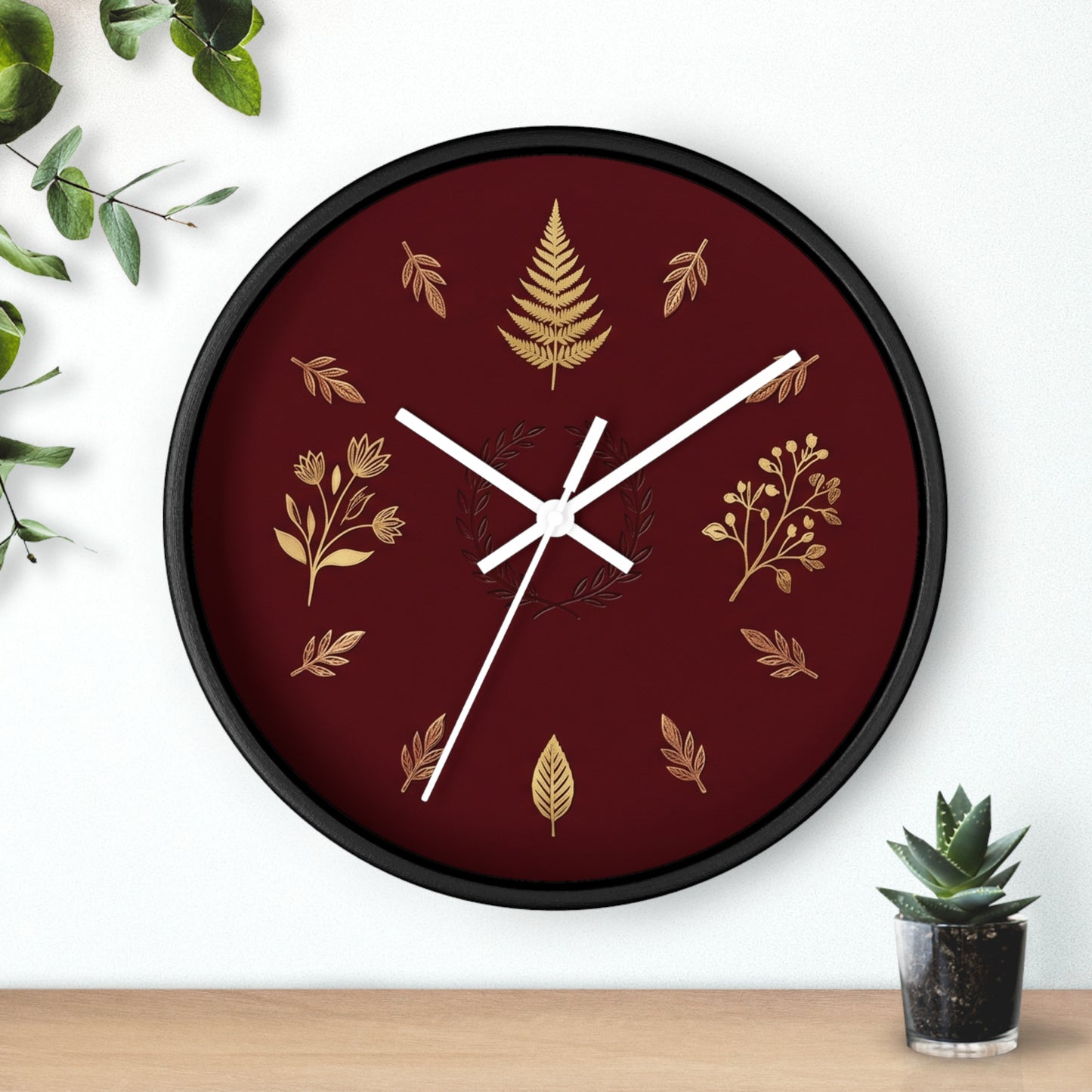 Gold Botanical Leaves Wall Clock | Maroon Floral Fern Home Decor