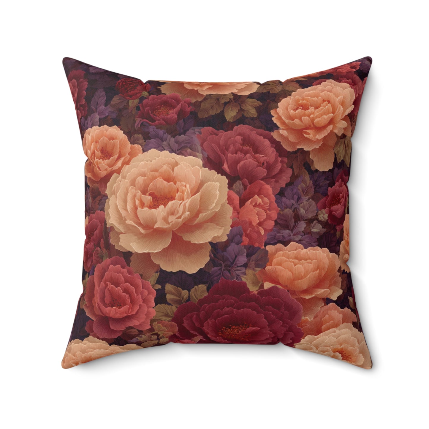 Vintage Rose Floral Pillow | Dark Burgundy Peach Garden Cushion