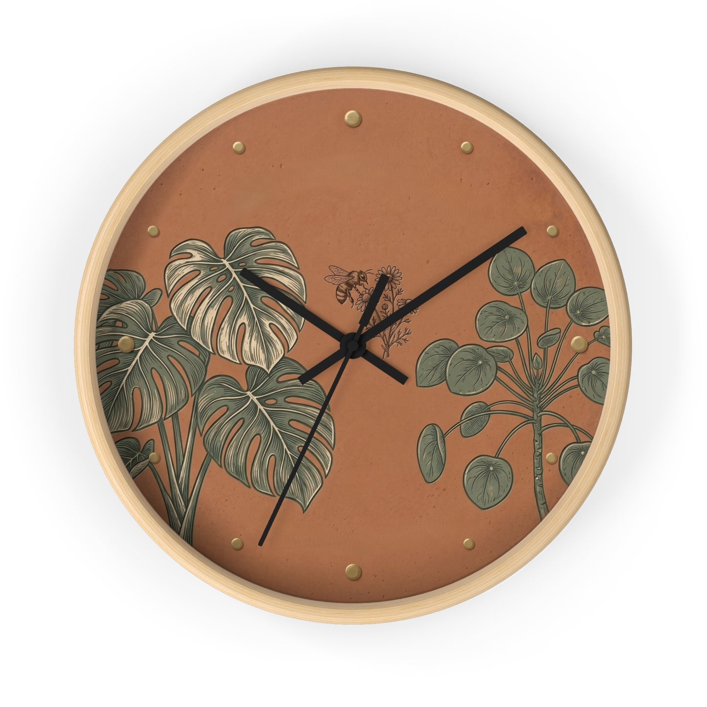 Monstera & Pilea Illustration Wall Clock | Terracotta Botanical Clock