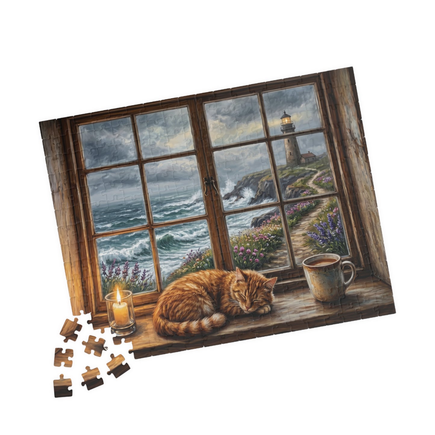 Cozy Cat Lighthouse Window Puzzle | Seaside Evening, Stormy Coastline, Scene