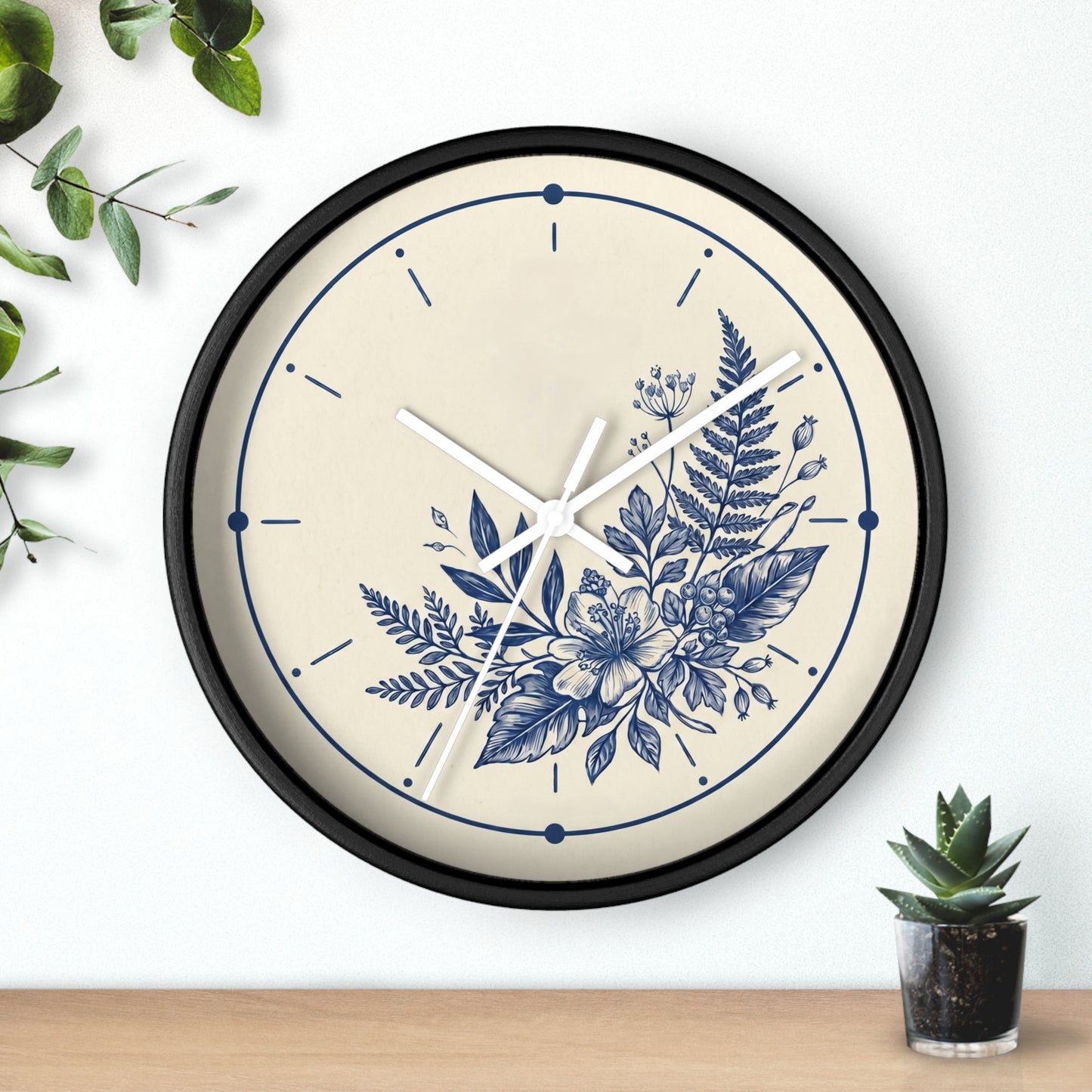 Blue Floral Illustration Wall Clock | Coastal Botanical Flower Clock