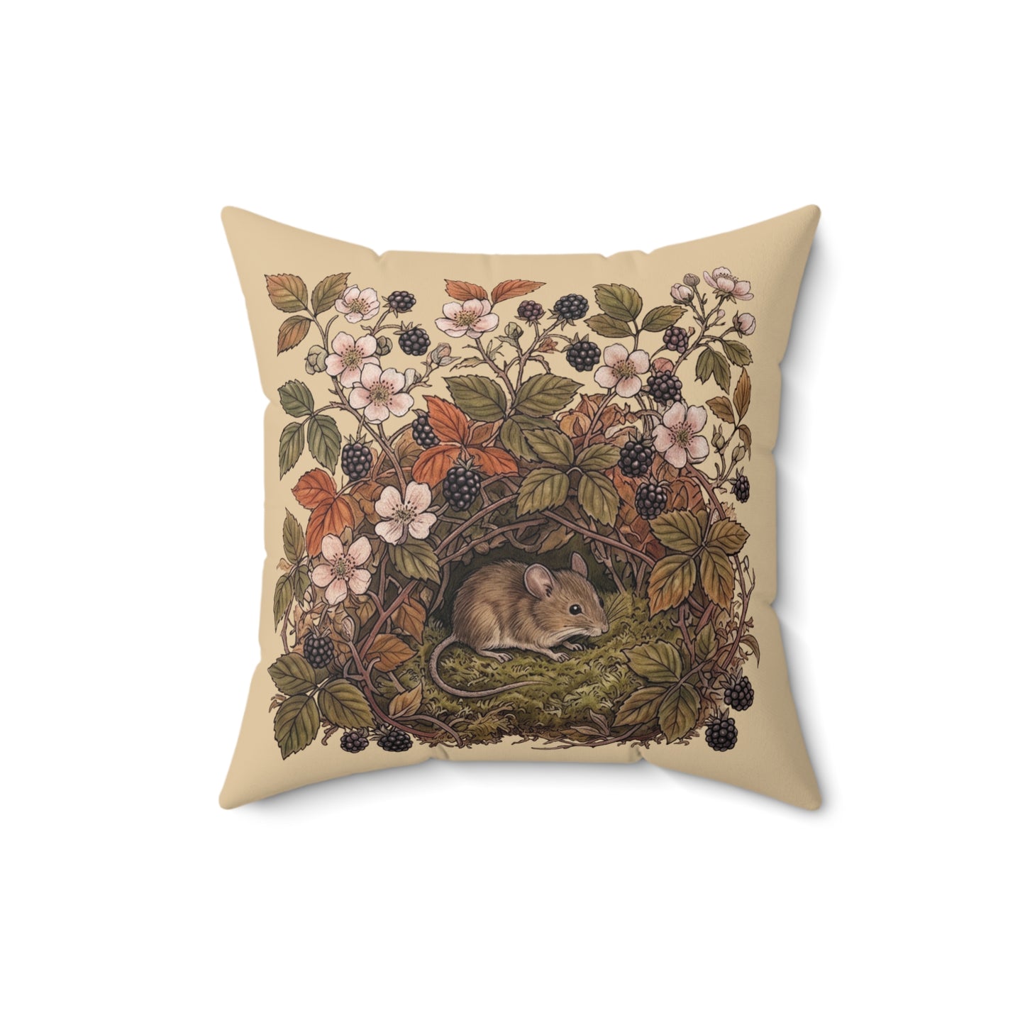 Woodland Mouse Nest Pillow | Vintage Botanical Brambles Illustration