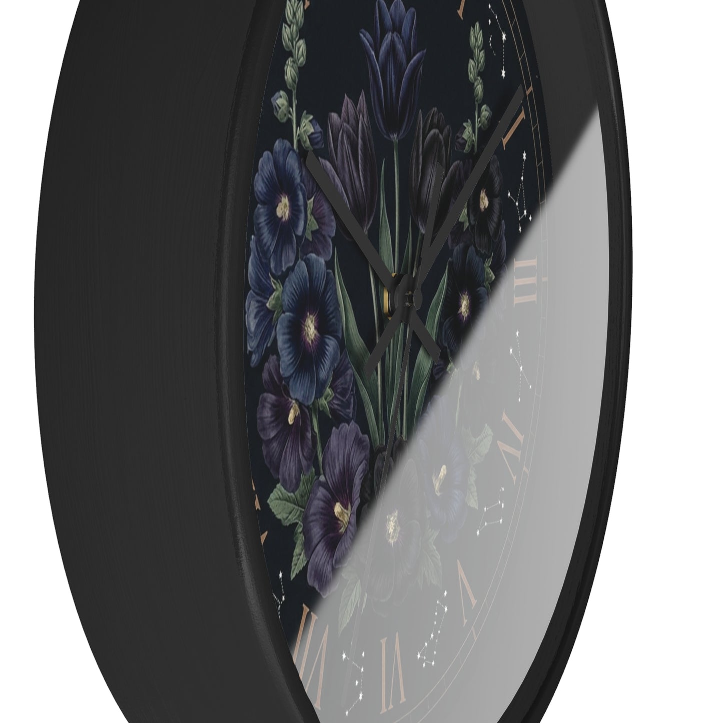 Midnight Violet Florals Wall Clock | Roman Numerals, Constellation Accents