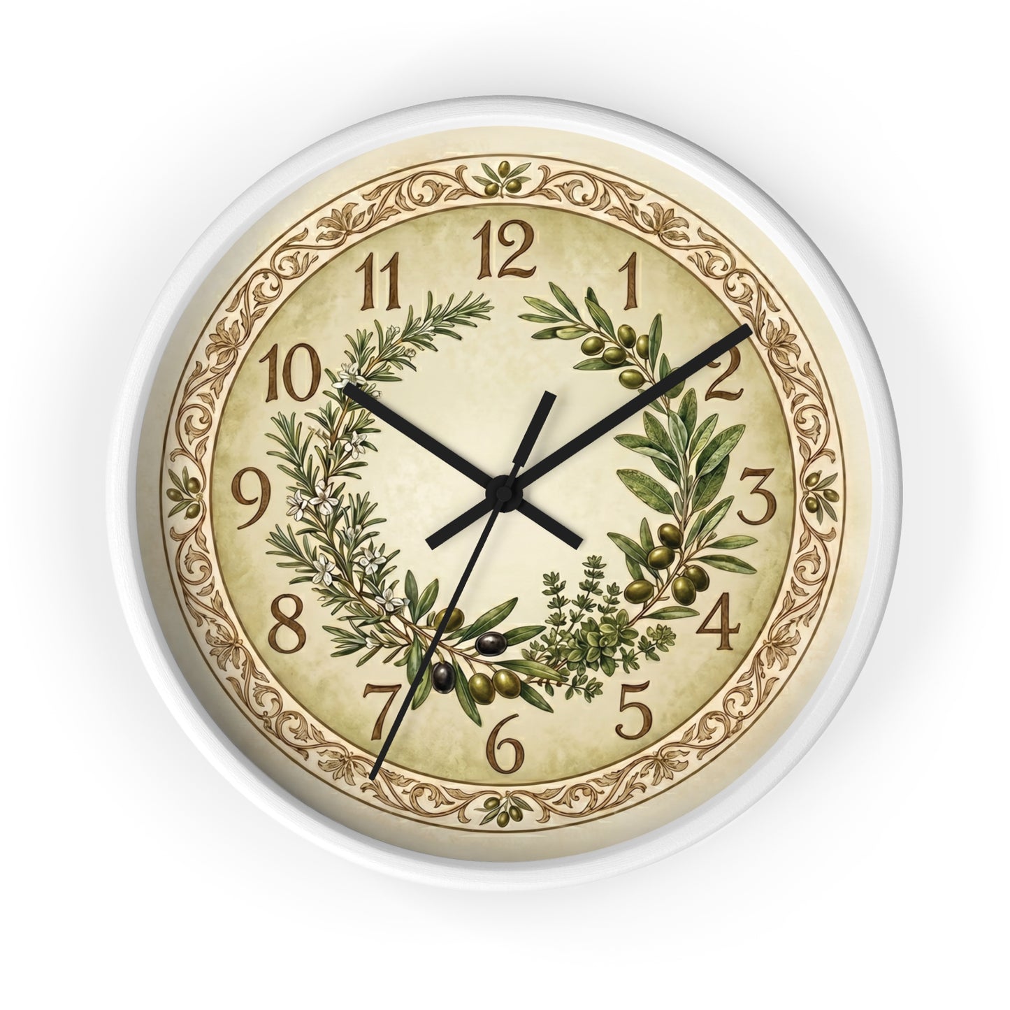 Herb Wreath Wall Clock | Olive & Rosemary Kitchen Clock, Rustic Botanical Decor