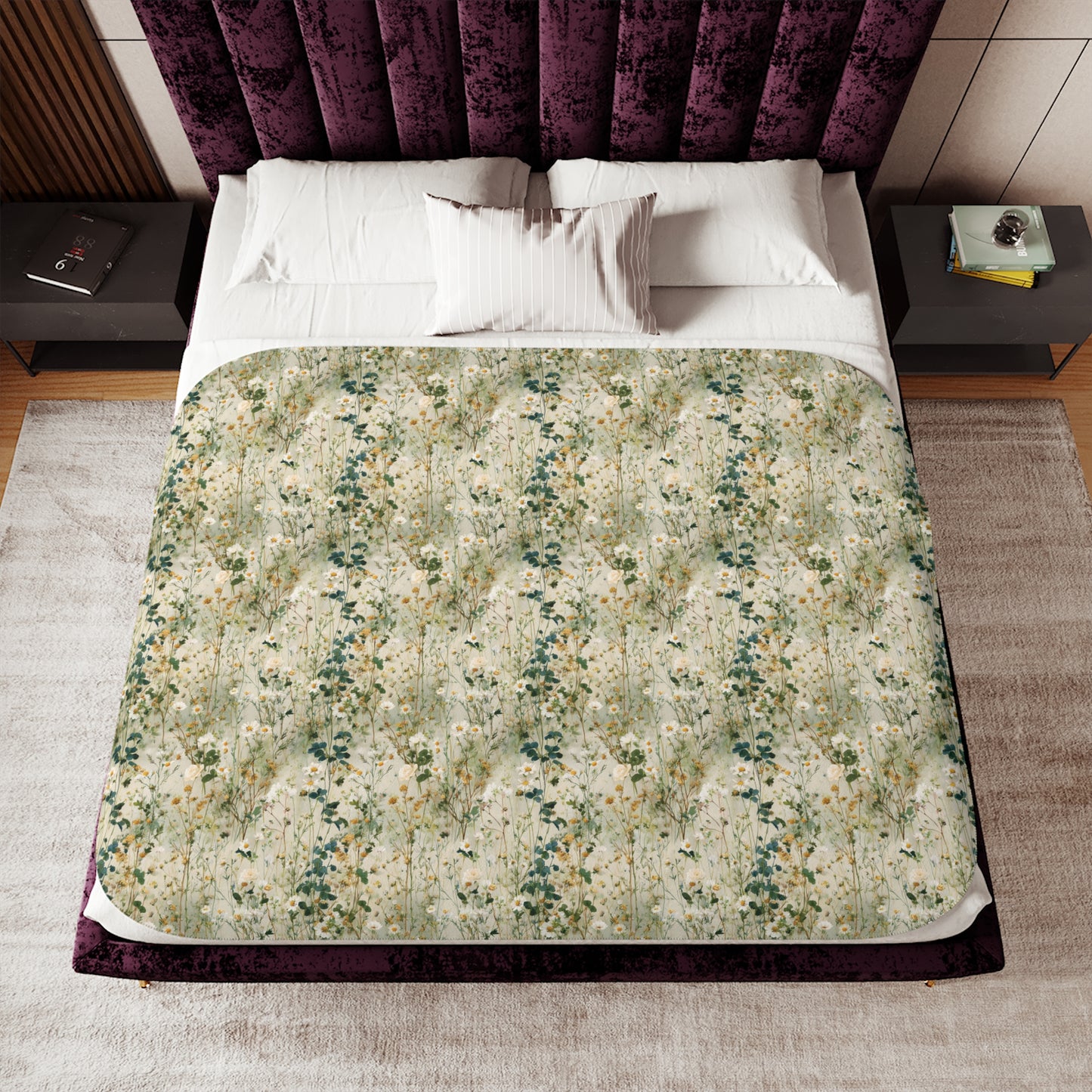 Vintage Wildflower Floral Pattern Sherpa Blanket | Neutral Botanical Throw
