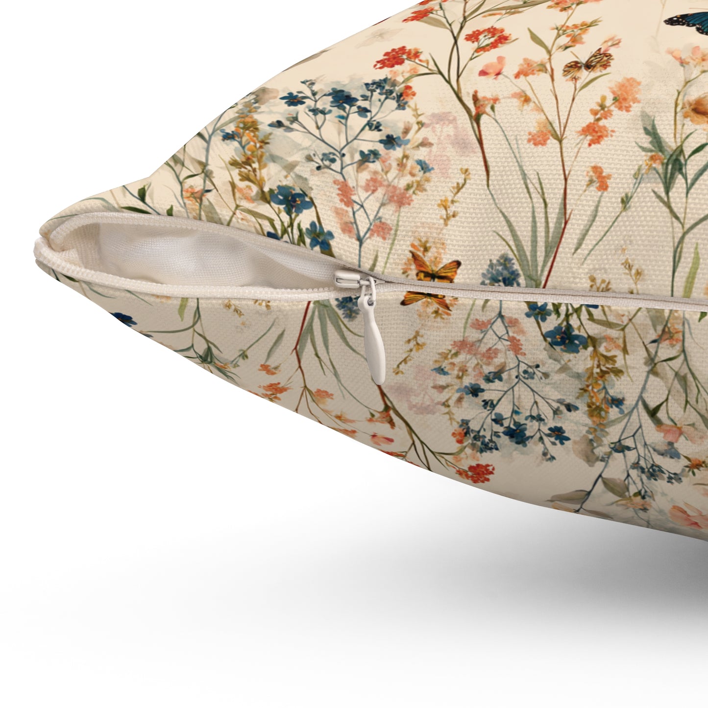 Vintage Wildflower and Butterfly Spun Polyester Square Pillow | Floral Throw Cushion