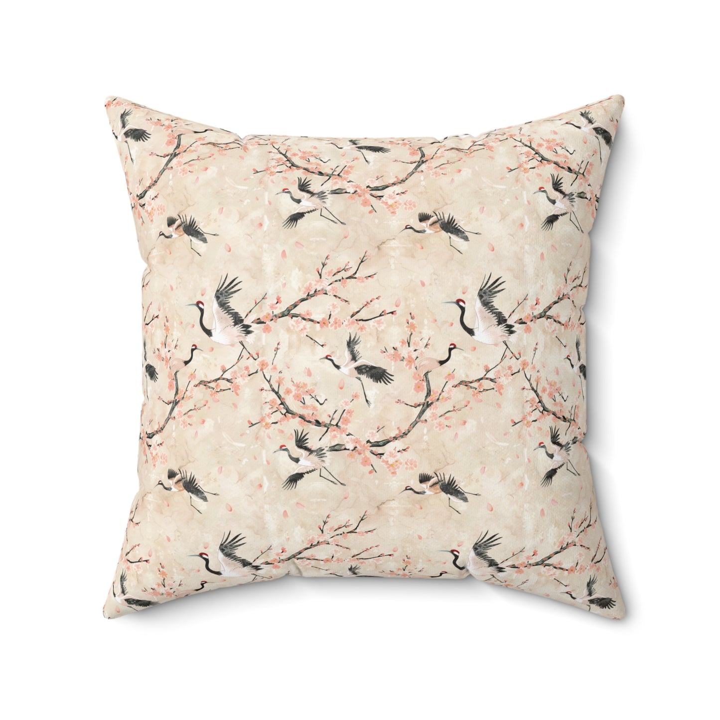Cherry Blossom Crane Pillow | Floral Japanese Stork Pattern Square Pillow