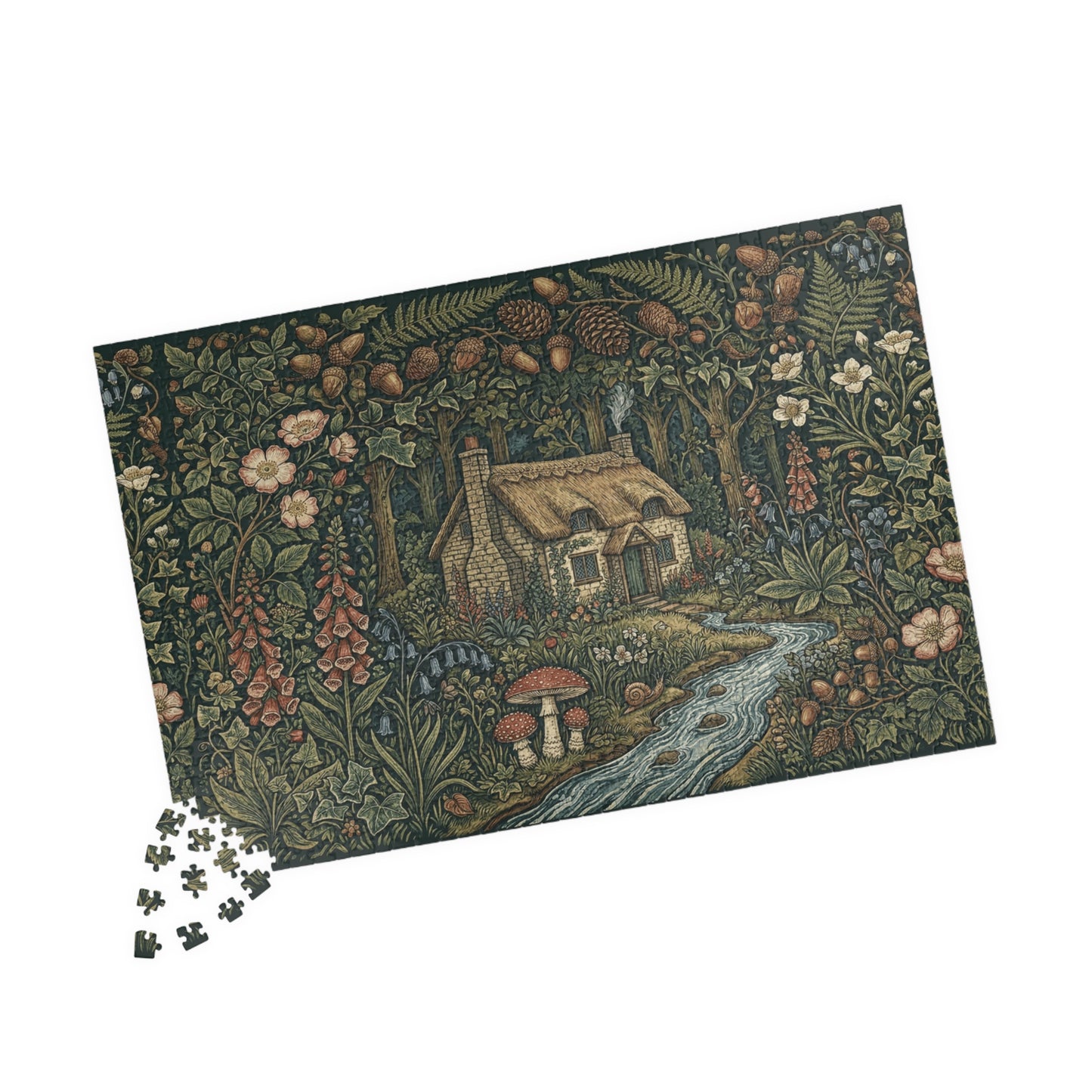 Cottage in Enchanted Forest Puzzle | 110, 252, 520, or 1014 Piece Woodland River Illustration