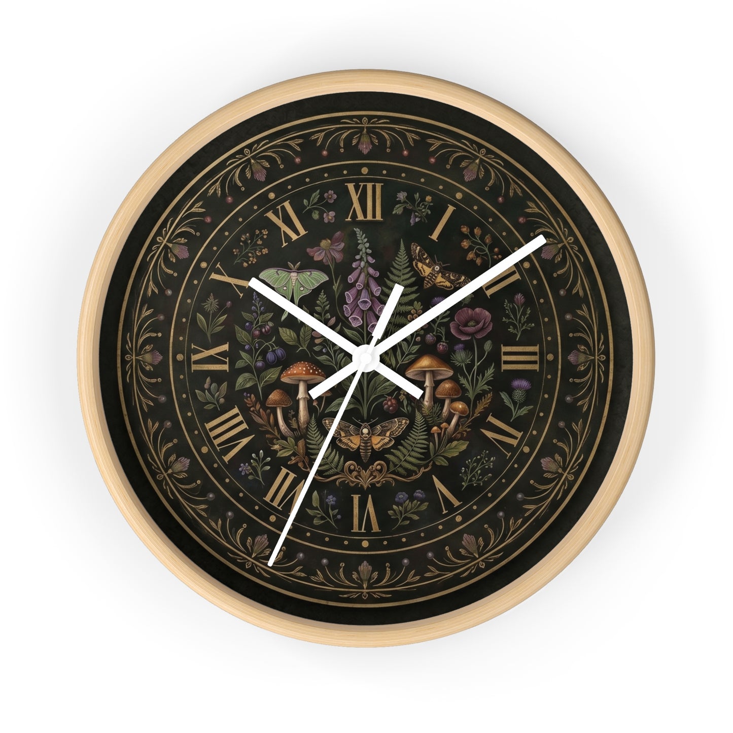 Moth & Mushroom Floral Wall Clock | Botanical Roman Numeral Timepiece