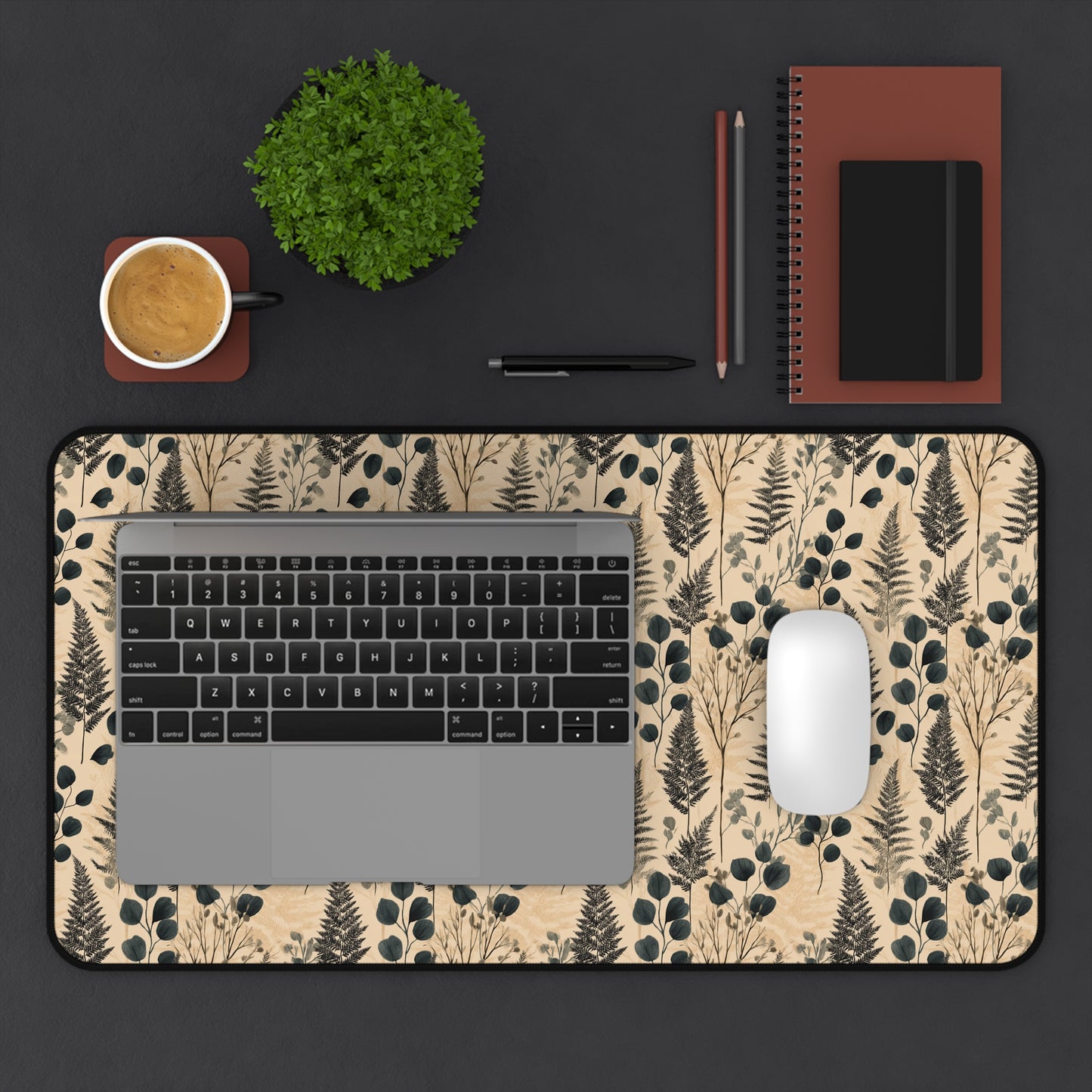 Botanical Fern and Berries Desk Mat | Neutral Floral Pattern