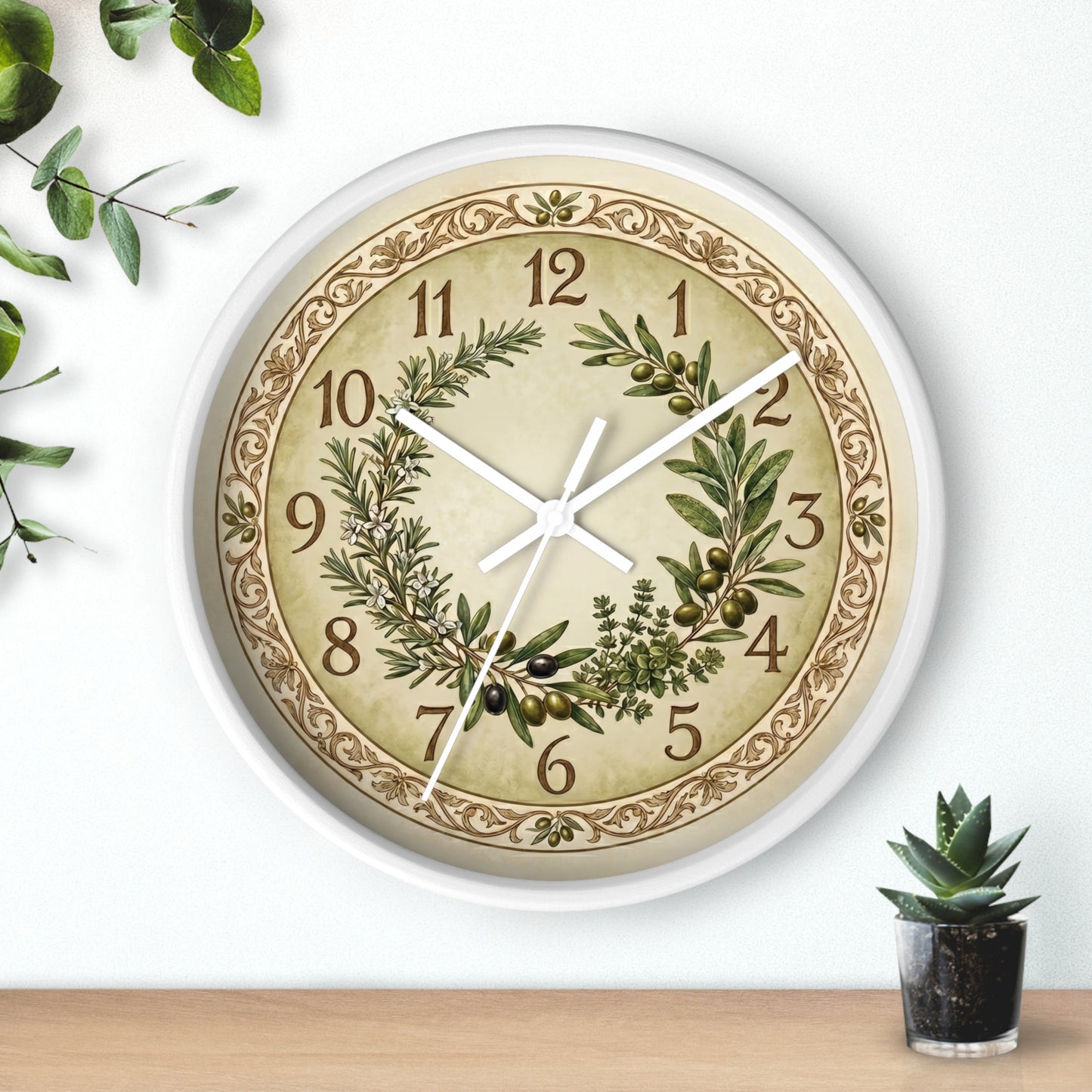 Herb Wreath Wall Clock | Olive & Rosemary Kitchen Clock, Rustic Botanical Decor