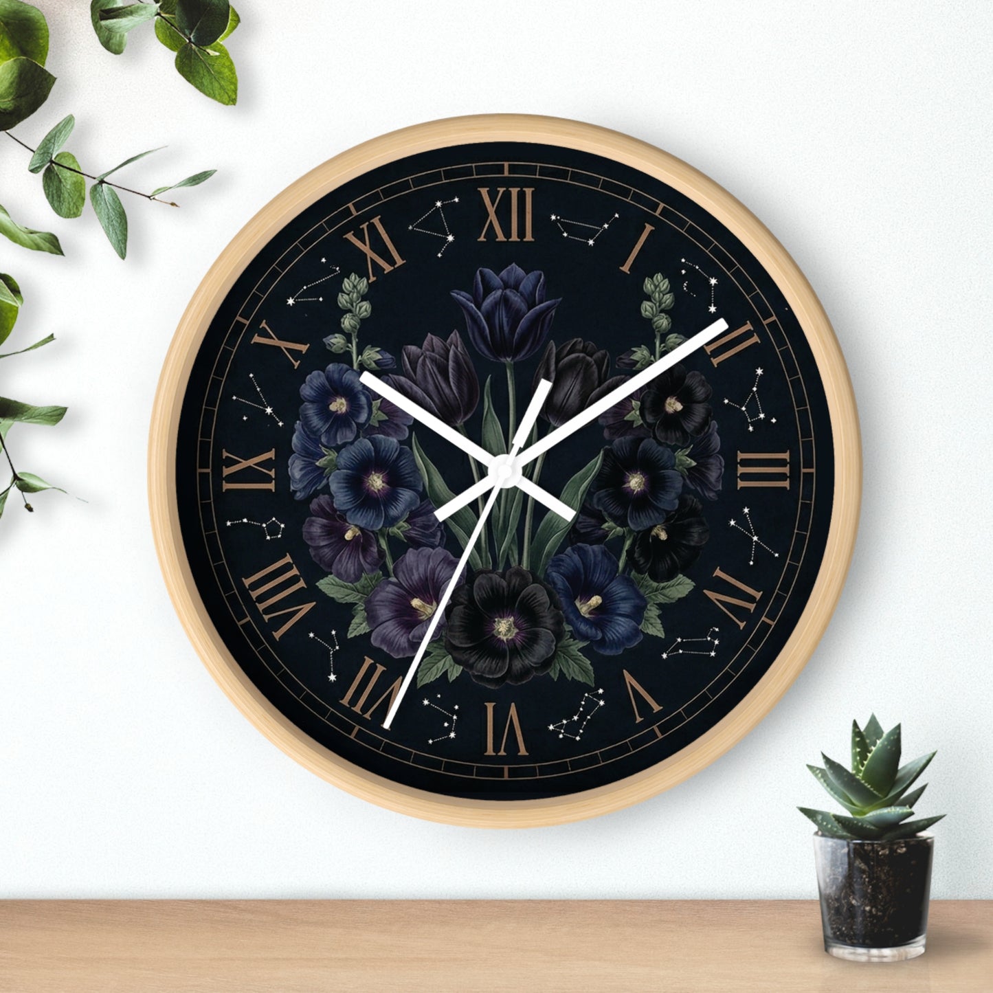 Midnight Violet Florals Wall Clock | Roman Numerals, Constellation Accents