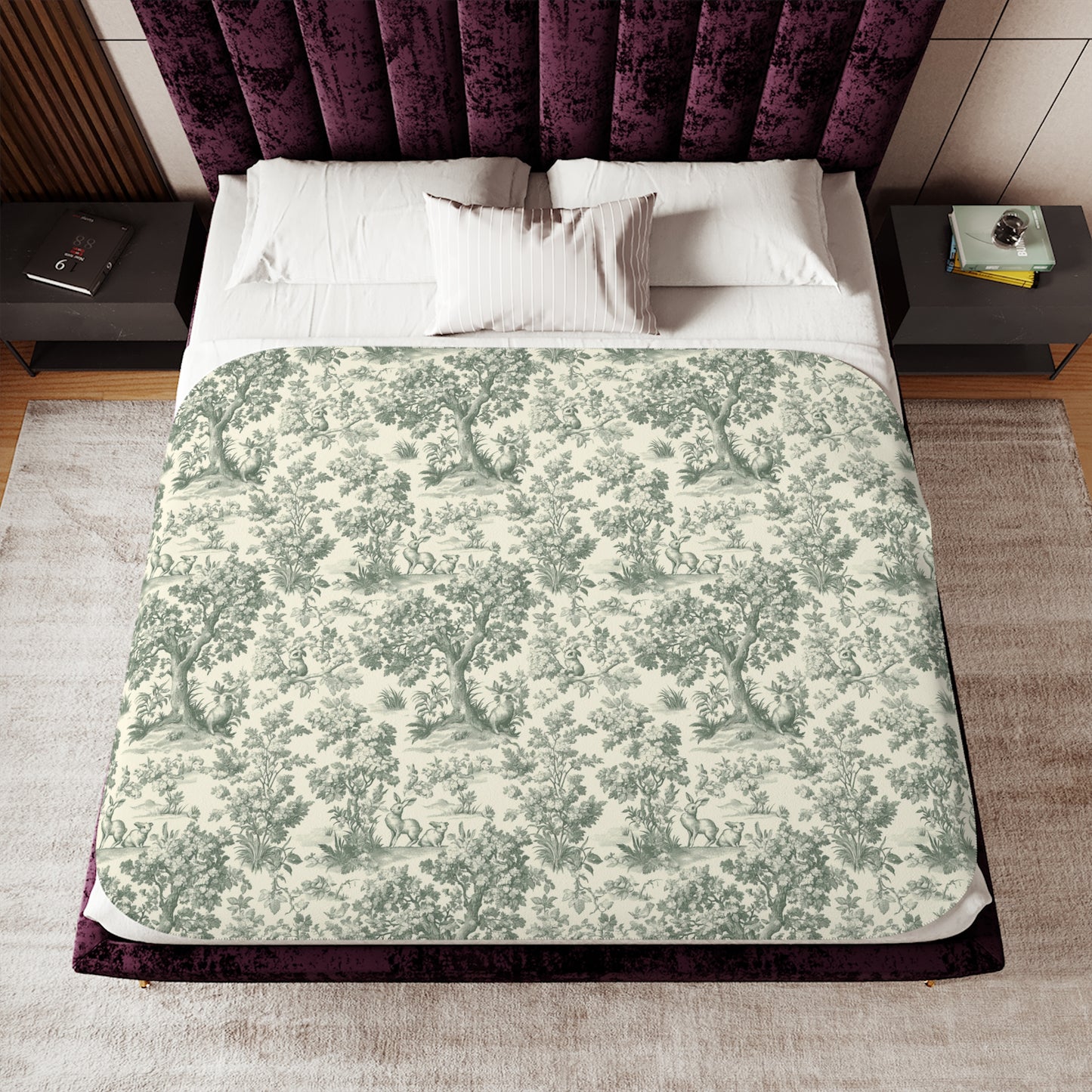 Toile de Jouy Cottage Pattern Sherpa Blanket | Vintage Scenic Toile, Cozy Throw