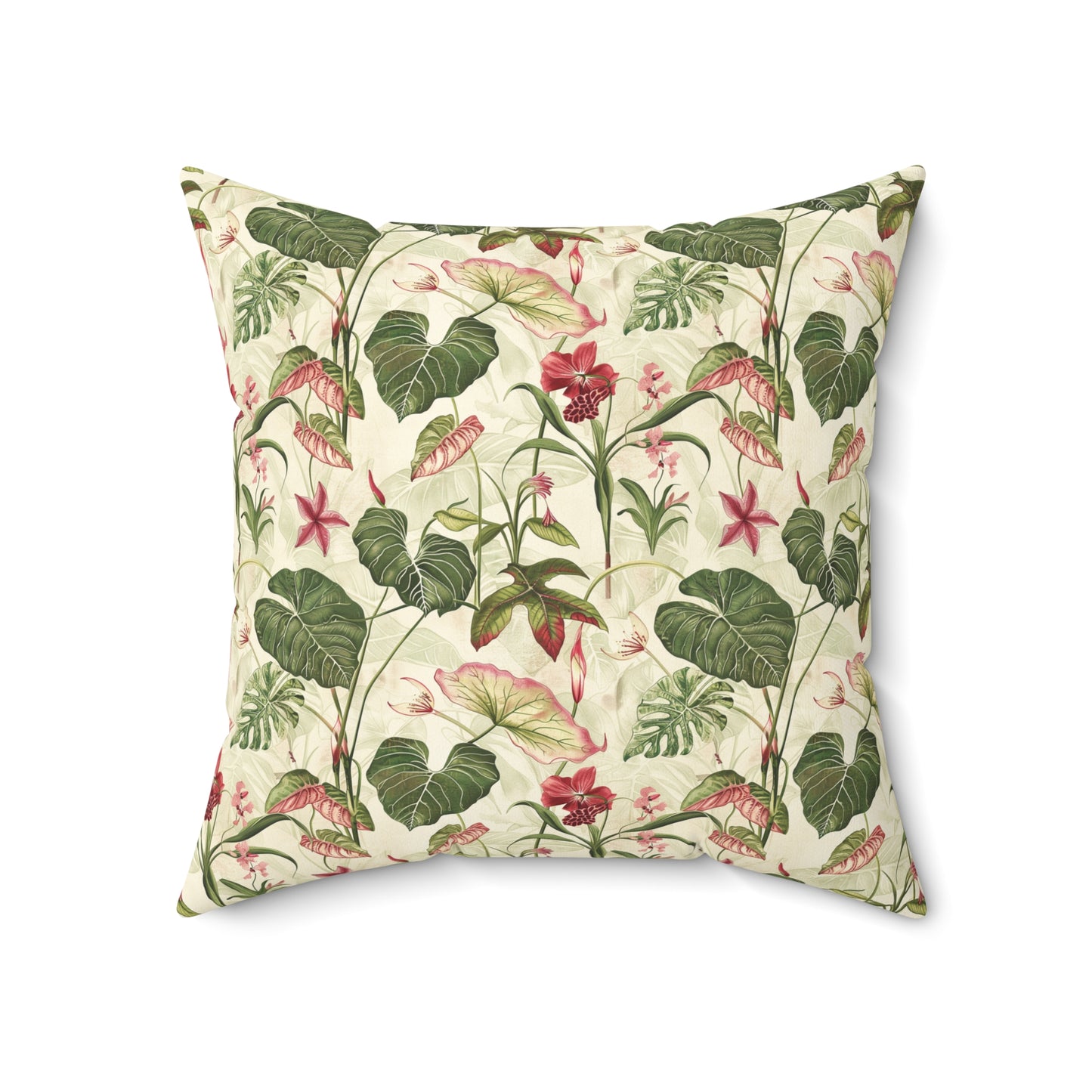 Vintage Botanical Floral Pattern Pillow | Tropical Leaves, Pink Flowers