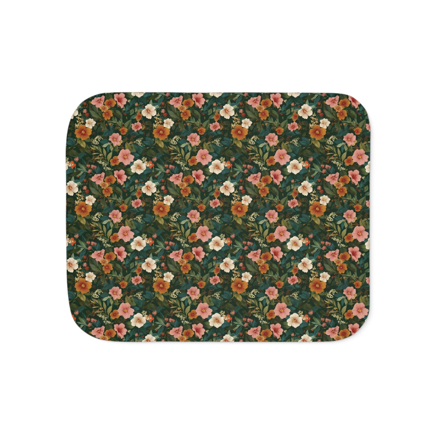 Vintage Floral Pattern Sherpa Blanket | Green, White, Orange and Pink Blossom Throw