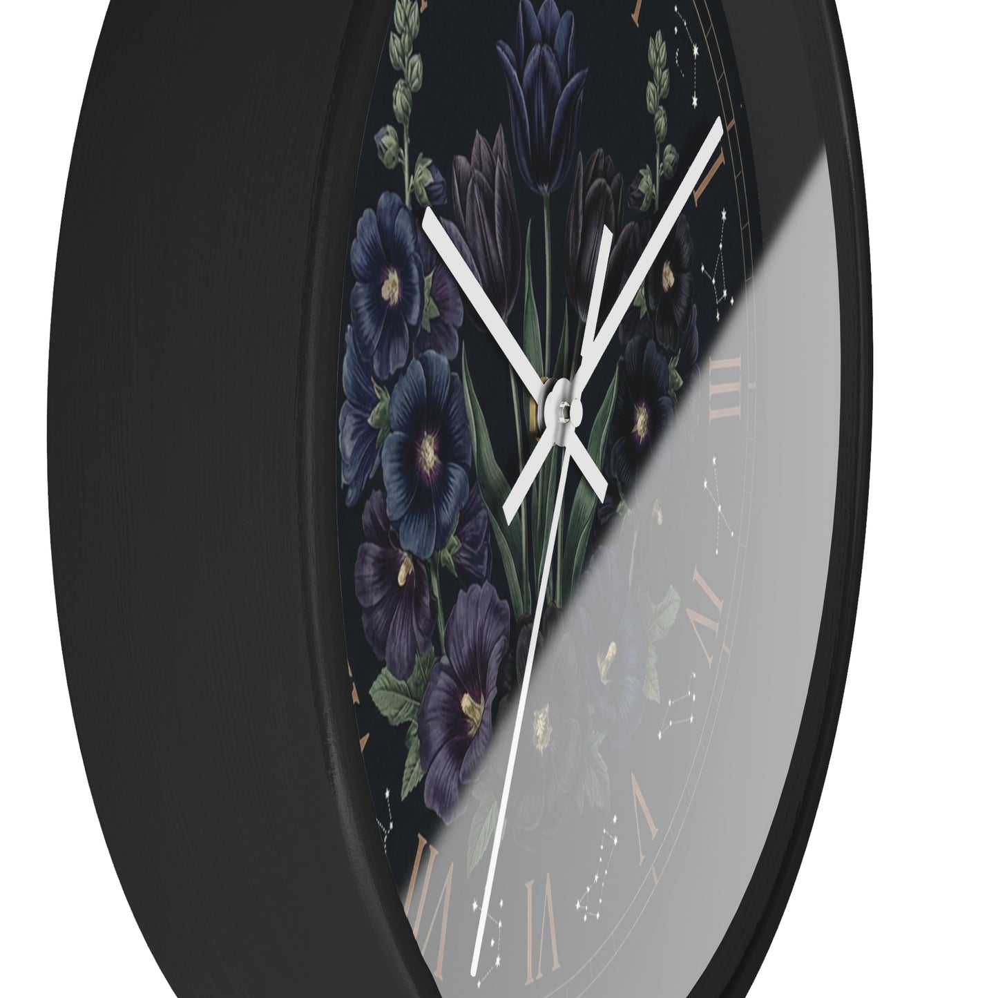 Midnight Violet Florals Wall Clock | Roman Numerals, Constellation Accents