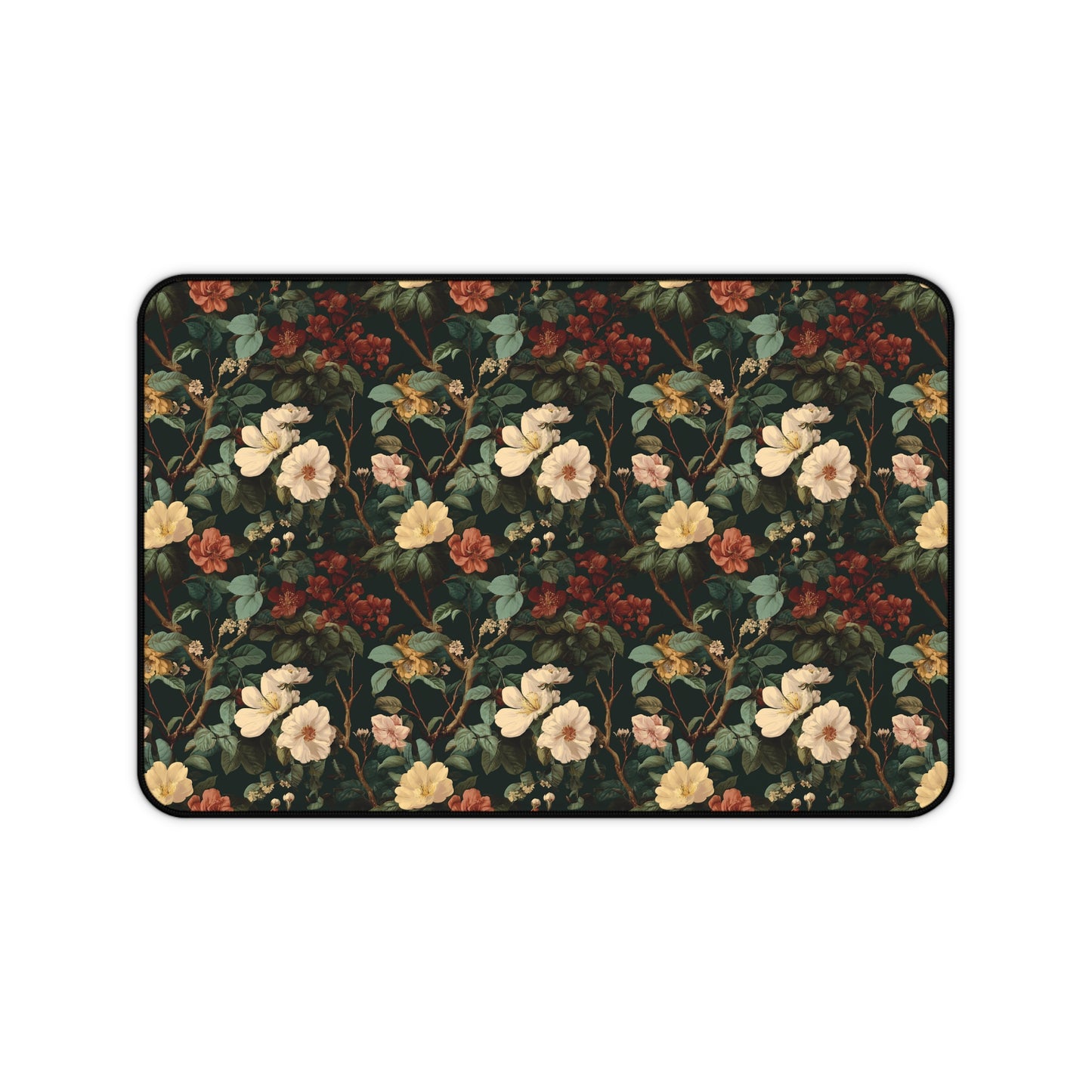 Vintage Botanical Floral Desk Mat | Dark Green Rose Pattern