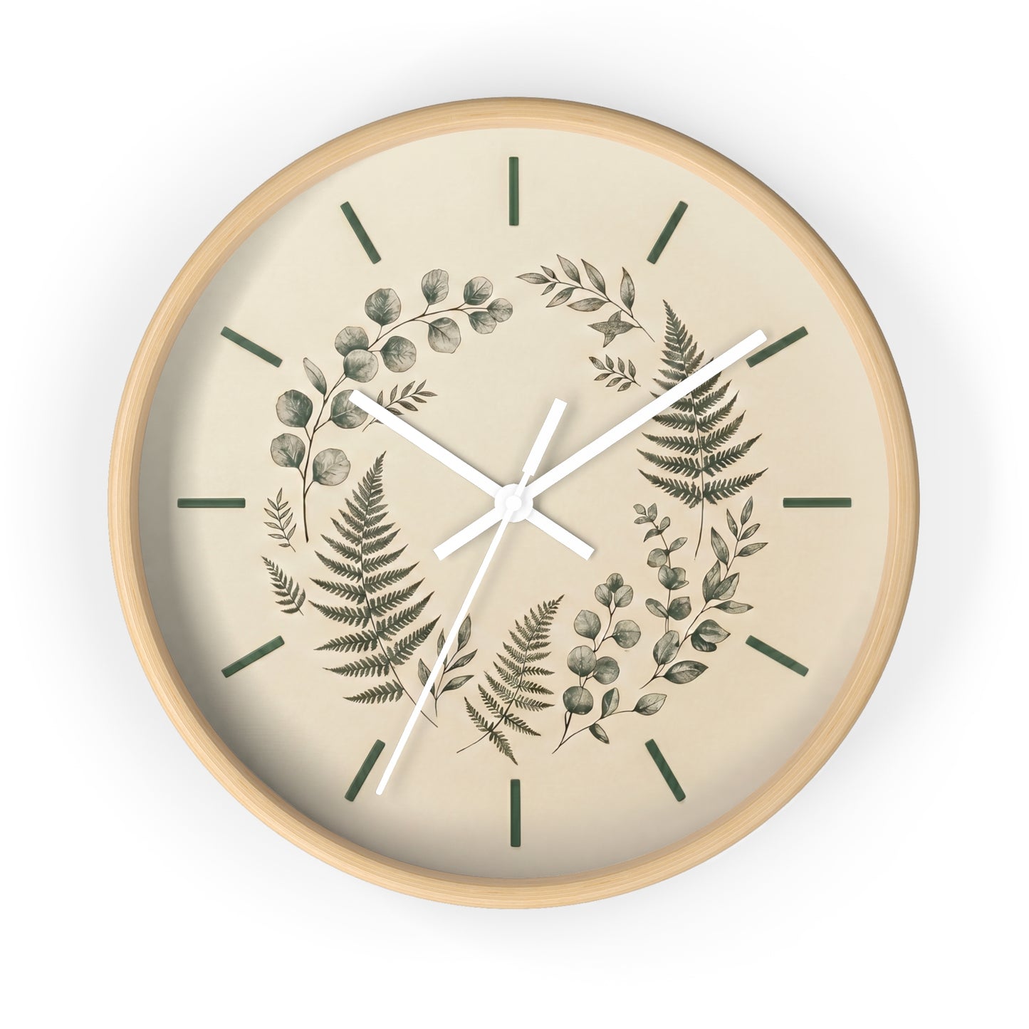 Botanical Fern Wreath Wall Clock | Neutral Eucalyptus Timepiece
