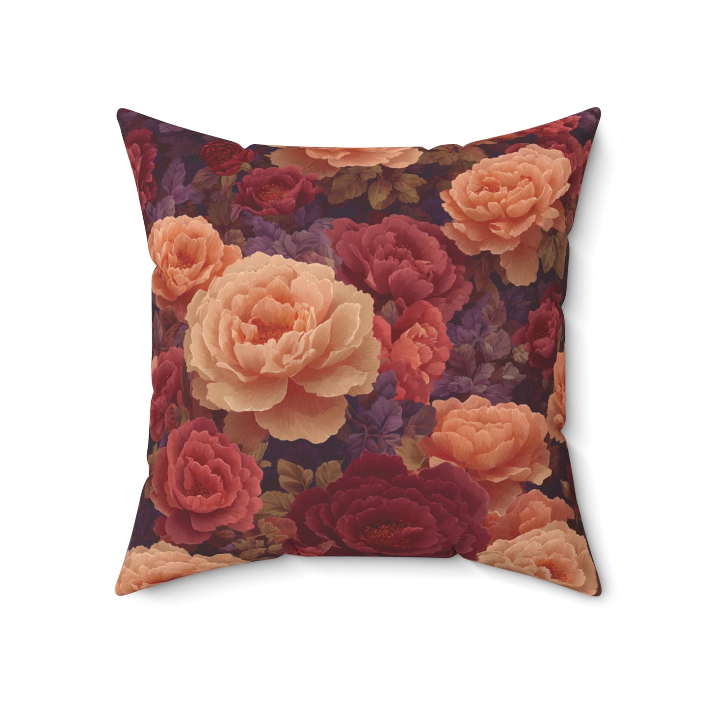 Vintage Rose Floral Pillow | Dark Burgundy Peach Garden Cushion