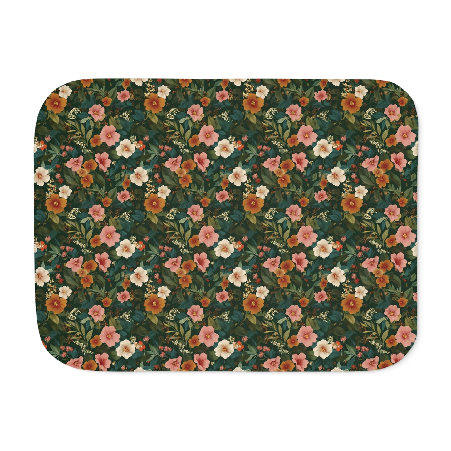 Vintage Floral Pattern Sherpa Blanket | Green, White, Orange and Pink Blossom Throw