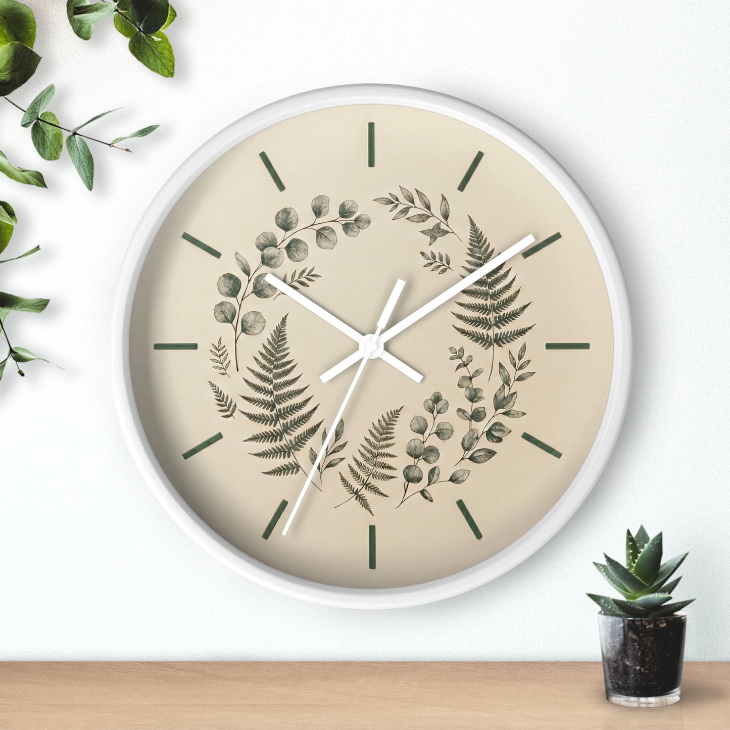 Botanical Fern Wreath Wall Clock | Neutral Eucalyptus Timepiece